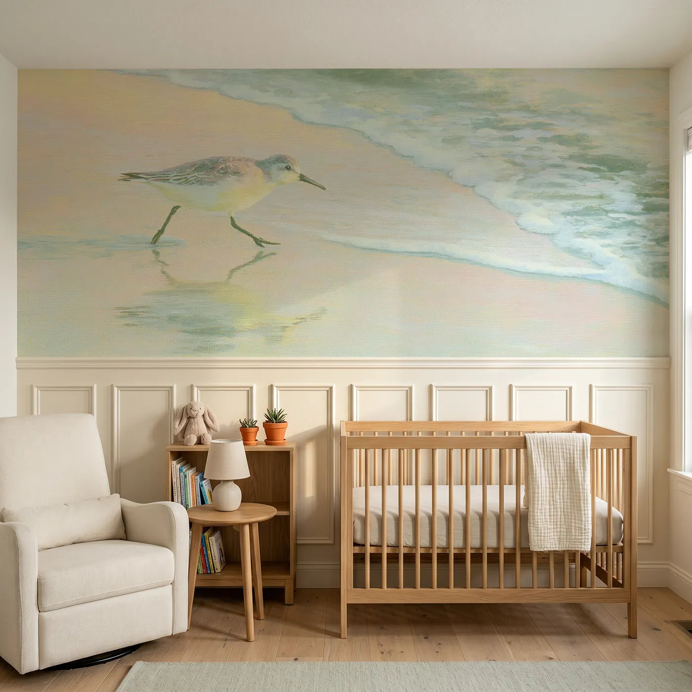 Soft pastel wainscoting wallpaper of a sandpiper and its reflection by Whimsy Tots