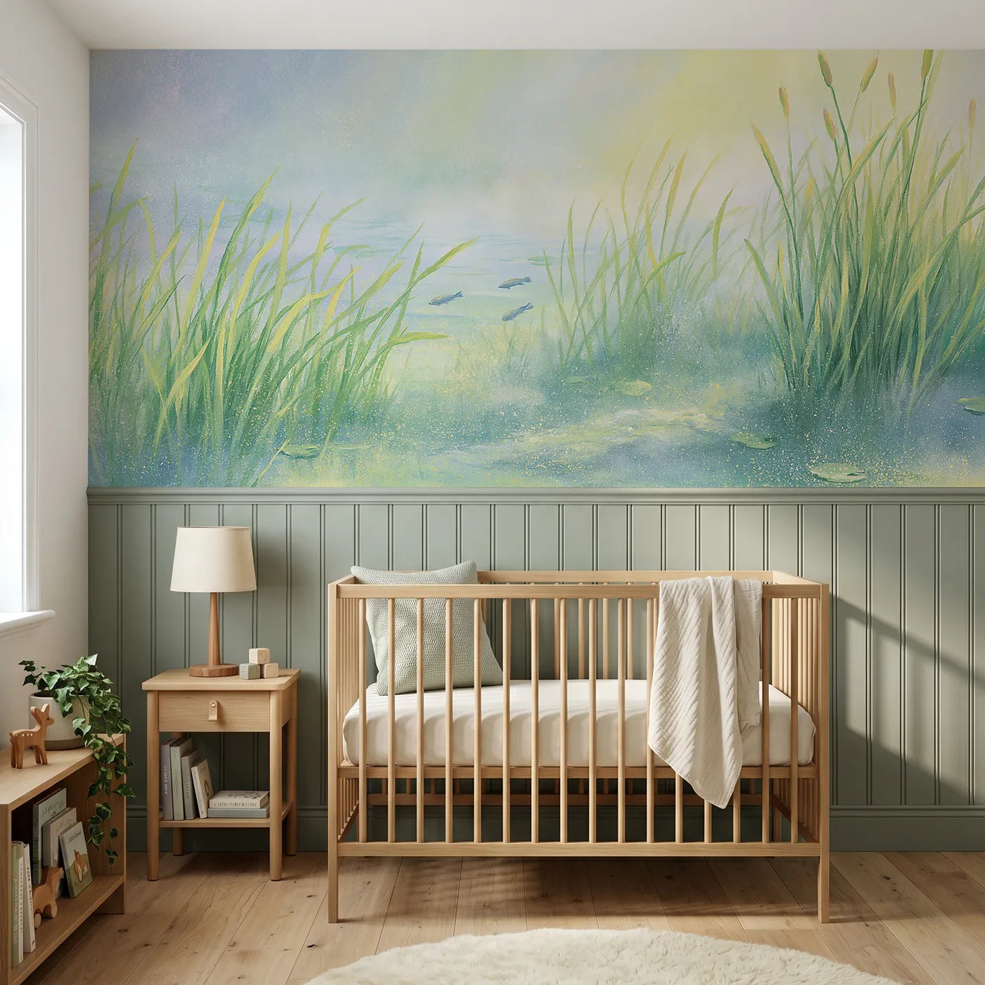 Soft pastel wainscoting wallpaper of chalky seagrass and small fish by Whimsy Tots