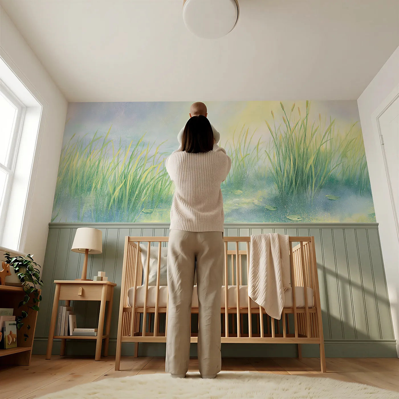 Child reading near Sea Grass Dawn Soft Wainscoting Wallpaper by Whimsy Tots