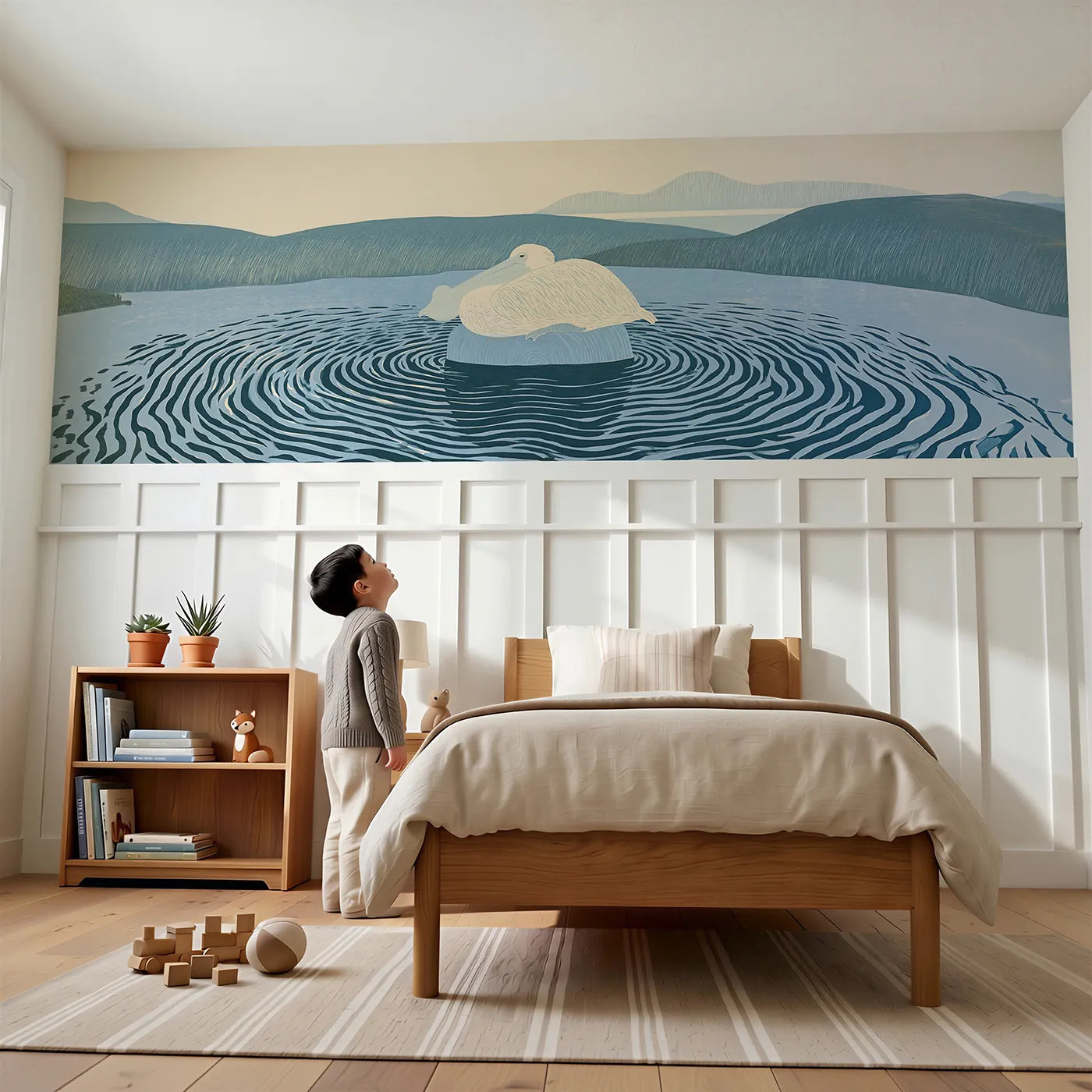 Child reading near Carved Pelican Post Perch Wainscoting Wallpaper by Whimsy Tots