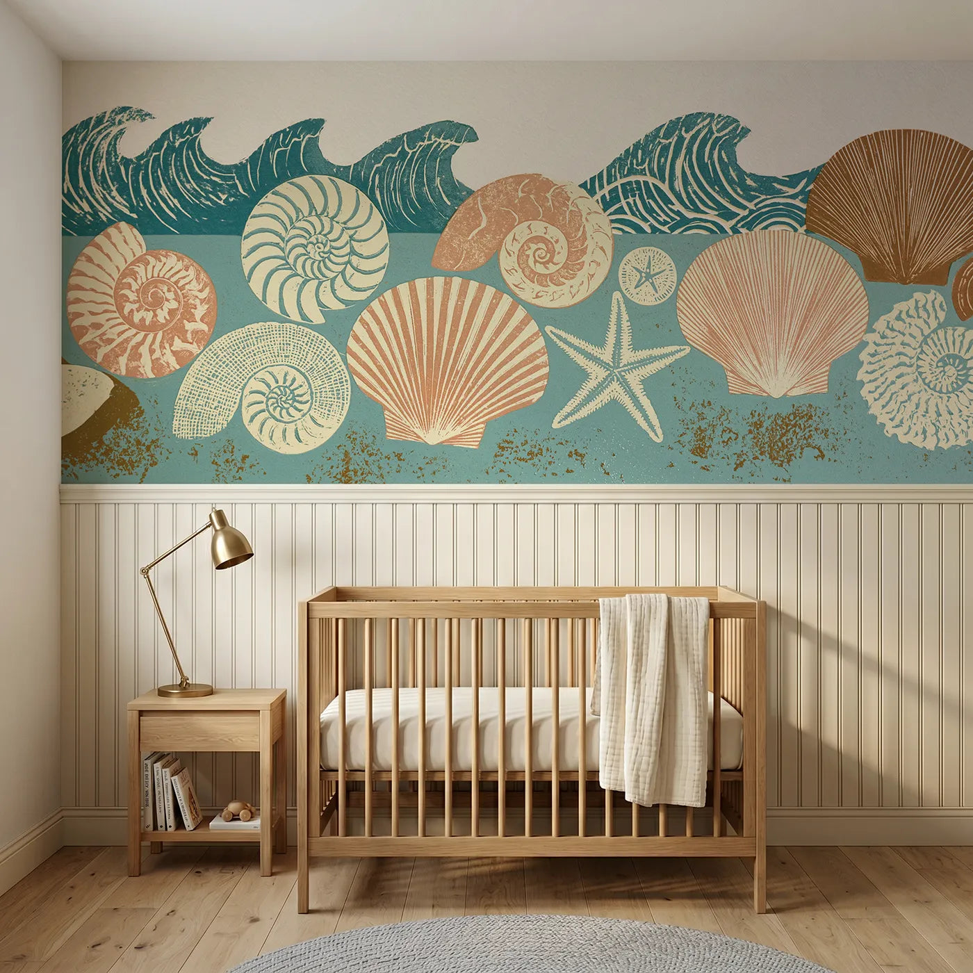 Block print wainscoting wallpaper of carved shells along a tide line by Whimsy Tots