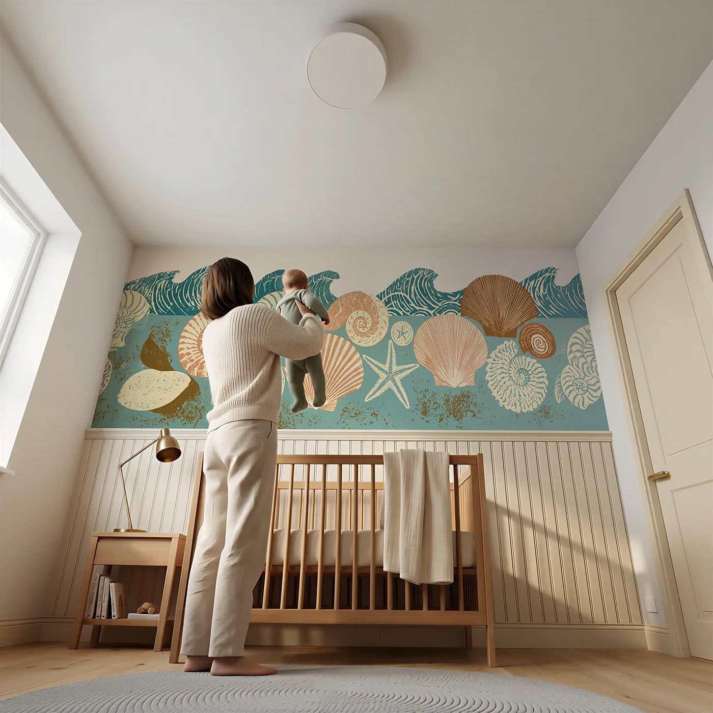 Child reading near Carved Shells Tide Gifts Wainscoting Wallpaper by Whimsy Tots