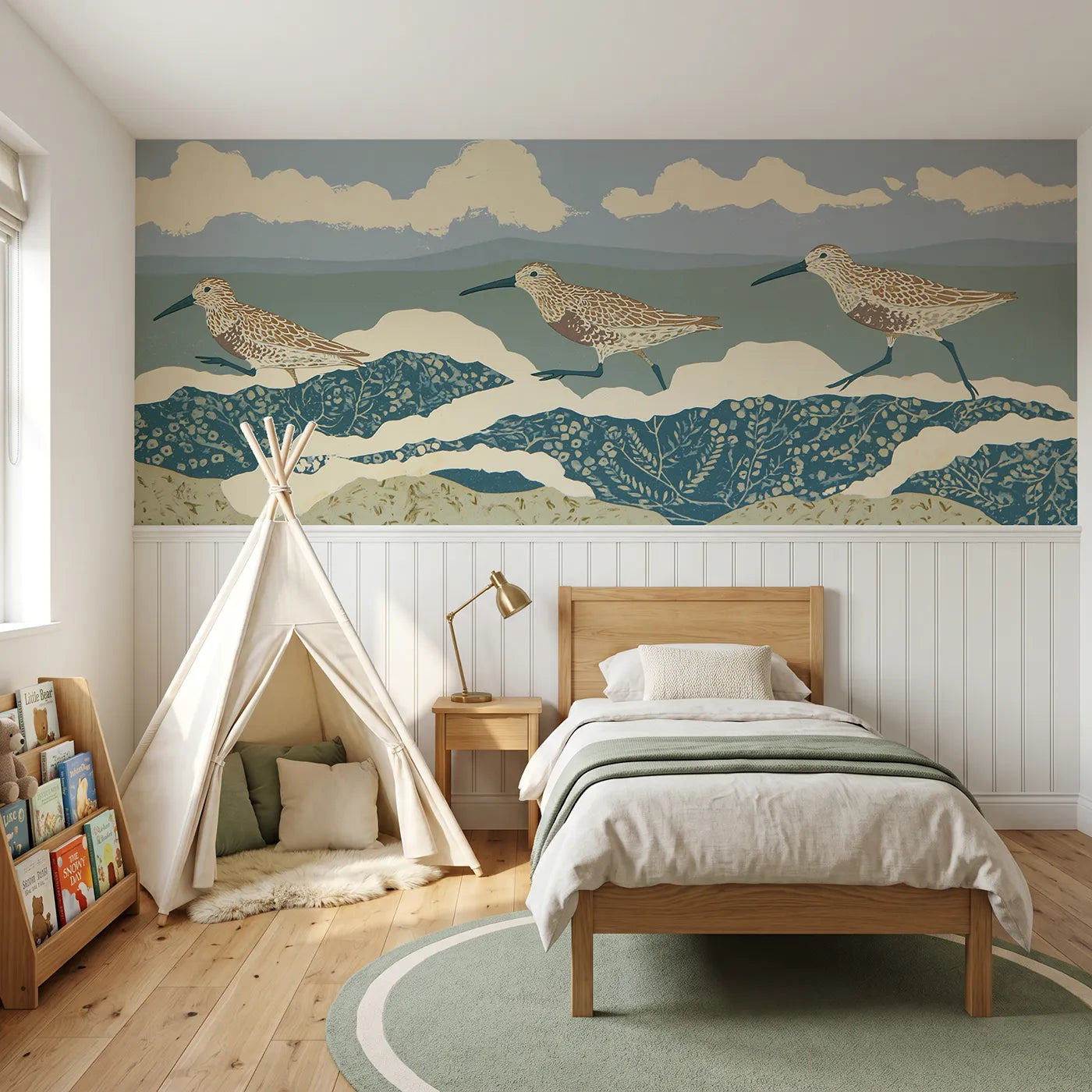 Block print wainscoting wallpaper of carved sandpipers sprinting waves by Whimsy Tots