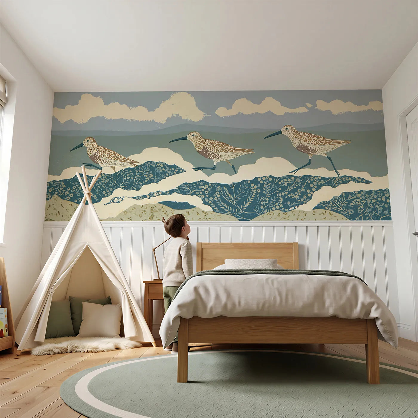 Child reading near Carved Sandpiper Run Wainscoting Wallpaper by Whimsy Tots