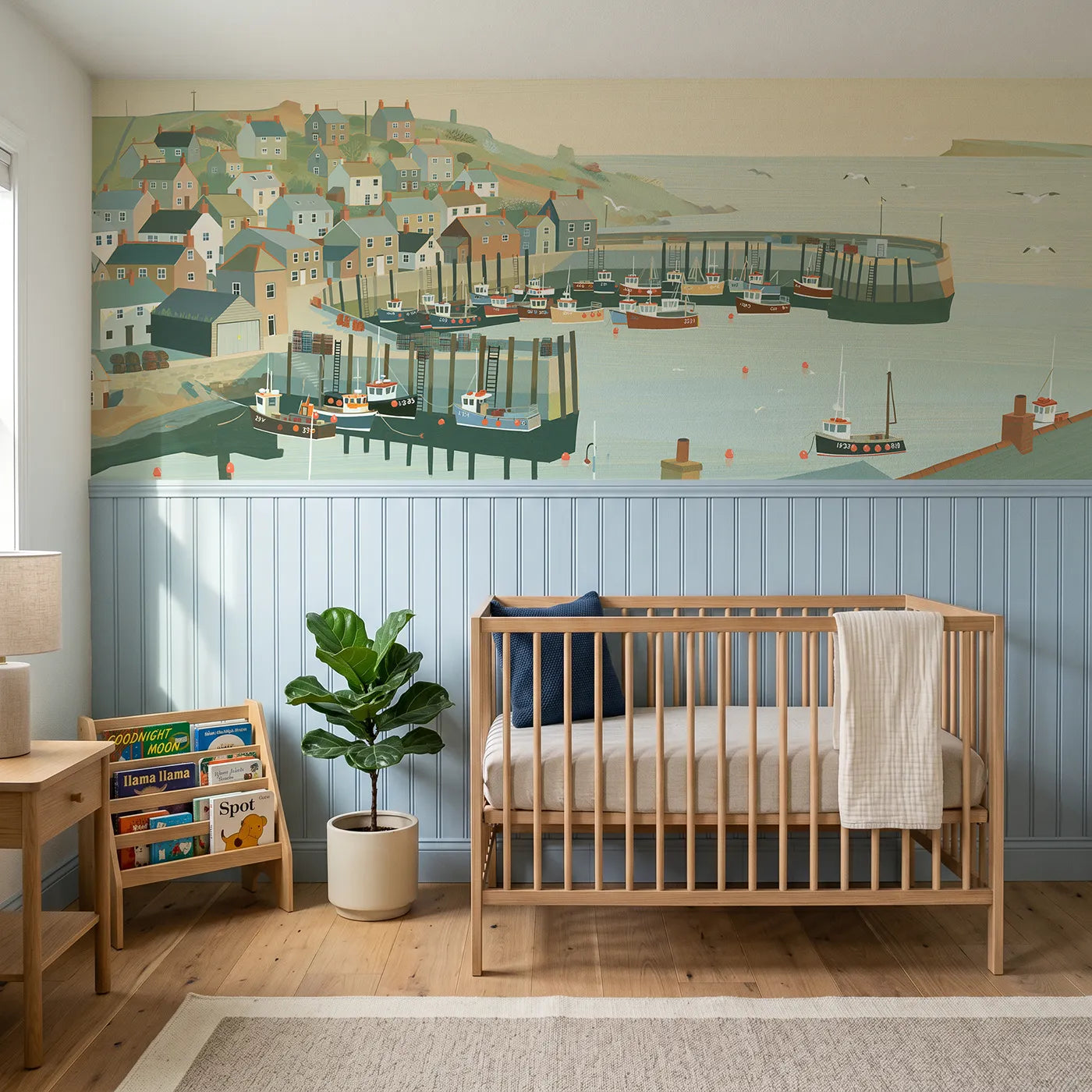 Modern illustration wainscoting wallpaper of a painted harbor morning by Whimsy Tots