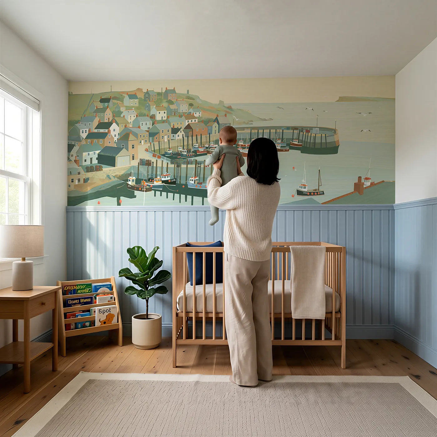 Child reading near Painted Harbor Morning Shapes Wainscoting Wallpaper by Whimsy Tots