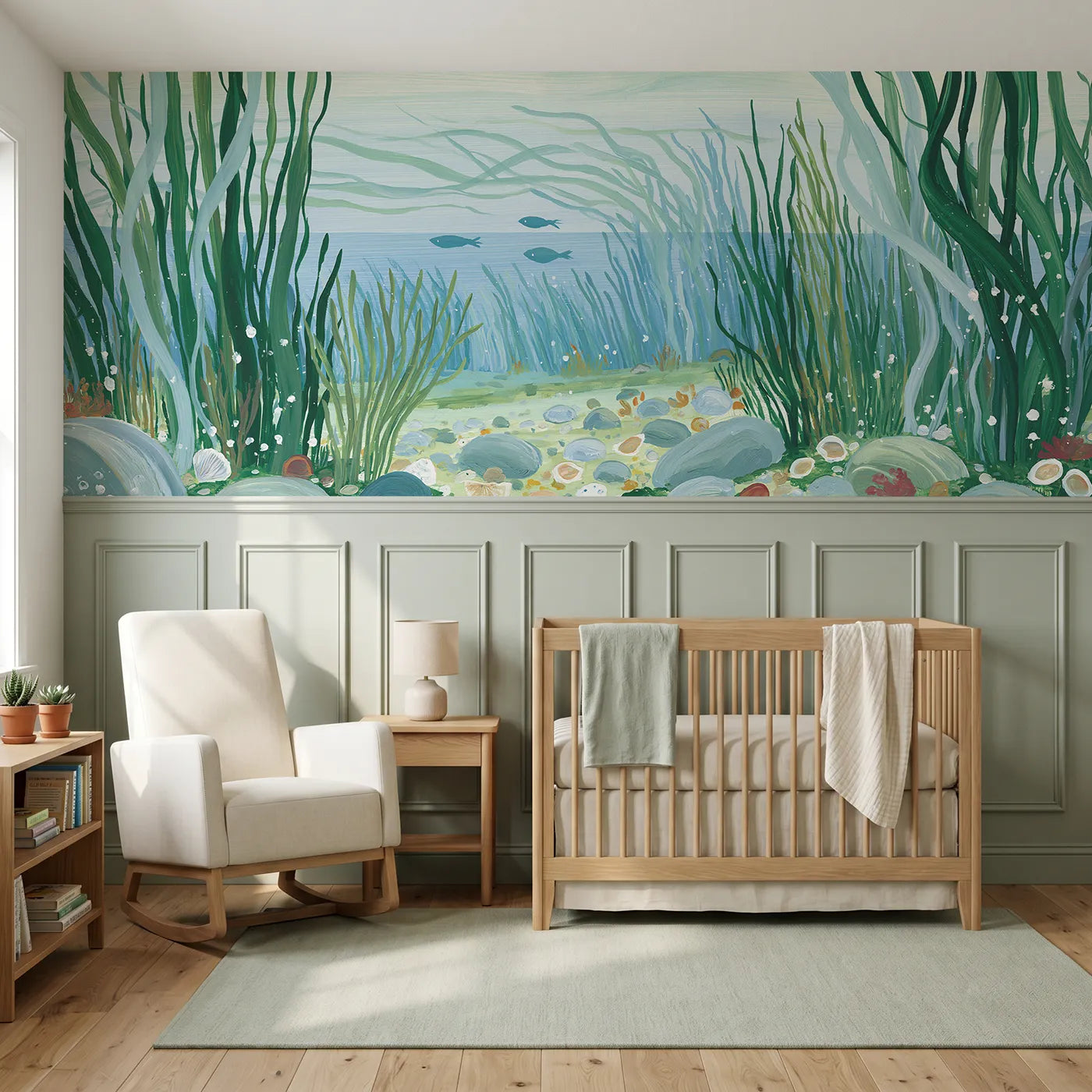 Modern illustration wainscoting wallpaper of fish holding against seagrass by Whimsy Tots