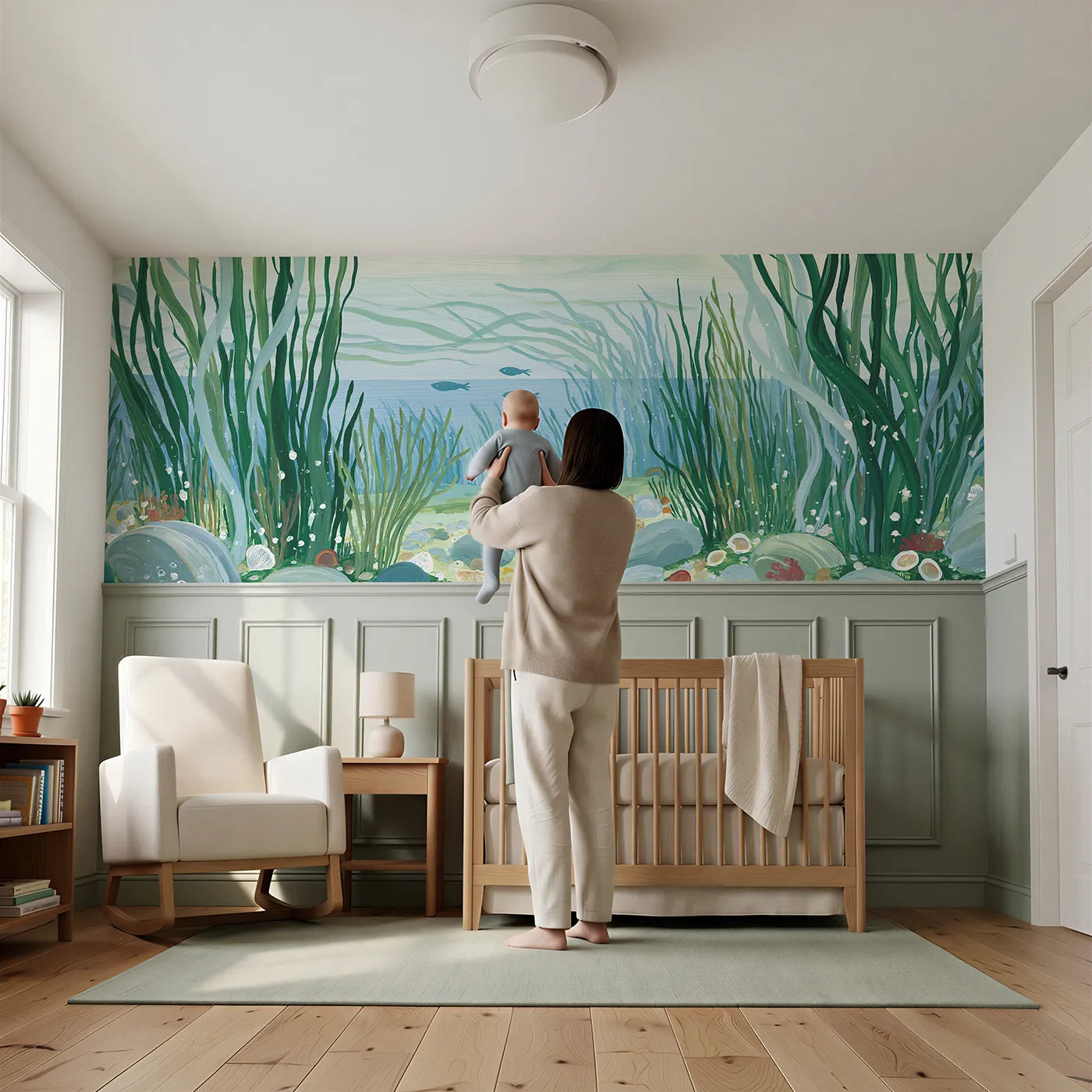 Child reading near Painted Seagrass Swayers Wainscoting Wallpaper by Whimsy Tots