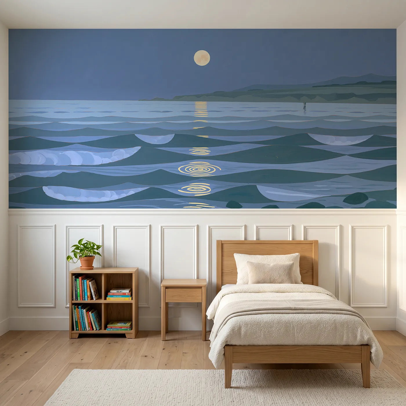 Modern illustration wainscoting wallpaper of a moon path over painted waves by Whimsy Tots