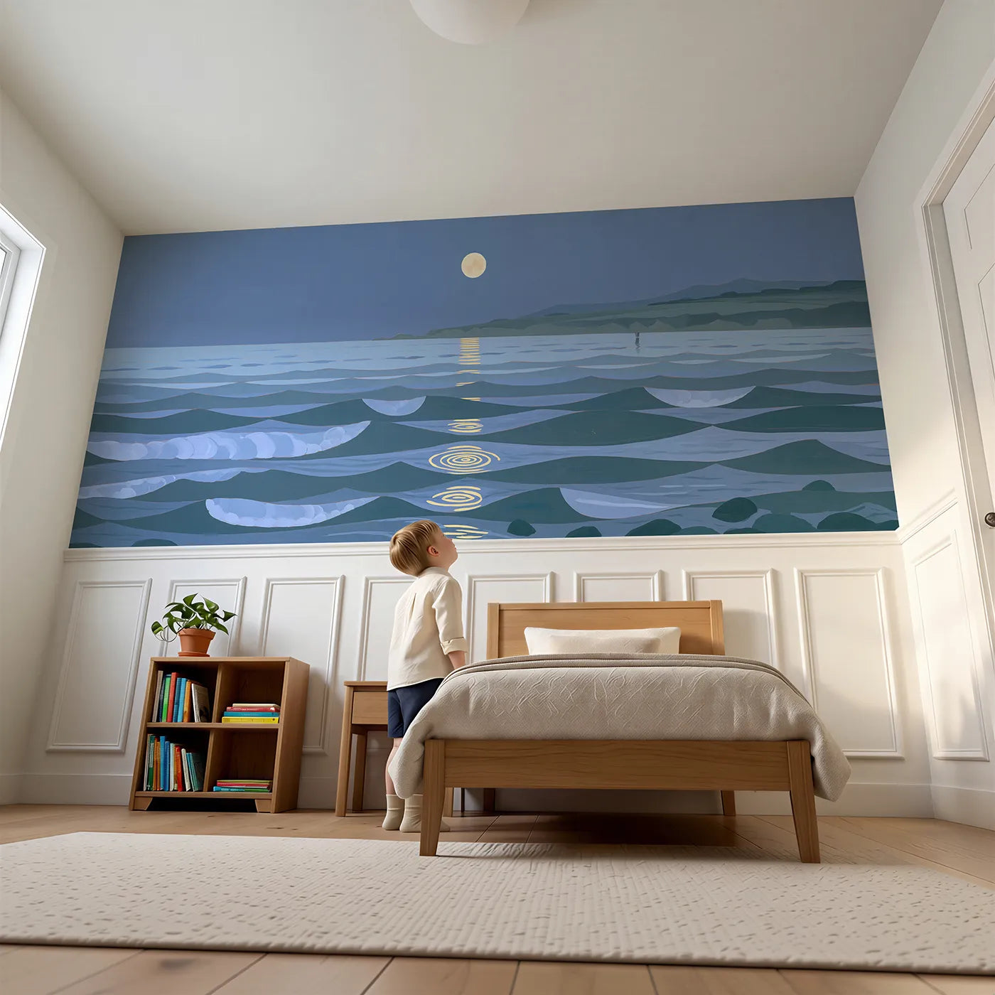 Child reading near Painted Moon and Sea Wainscoting Wallpaper by Whimsy Tots