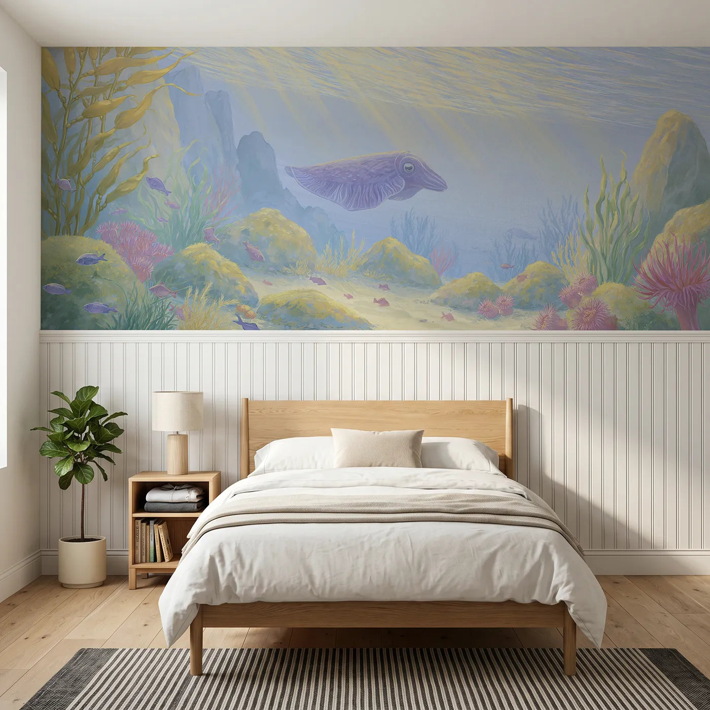 Colored pencil wainscoting wallpaper of a cuttlefish among clear rocks by Whimsy Tots