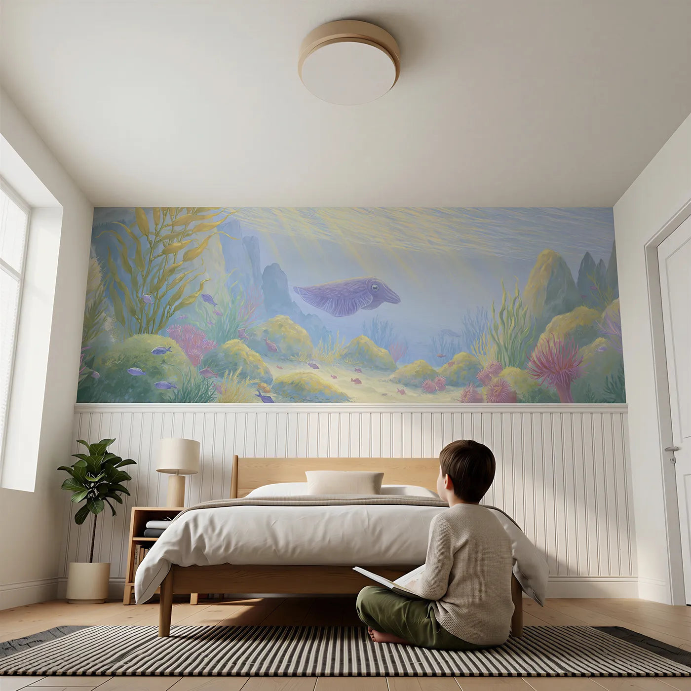 Child reading near Cuttlefish Among The Rocks Wainscoting Wallpaper by Whimsy Tots