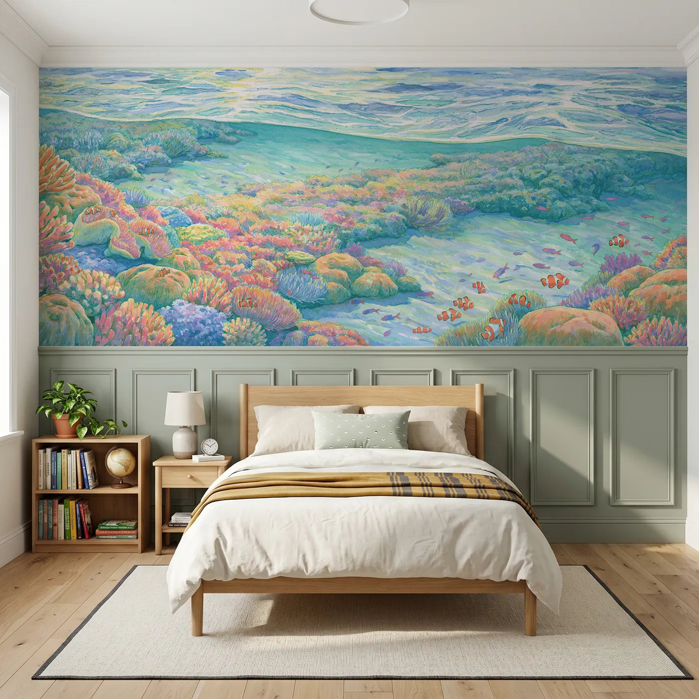 Colored pencil wainscoting wallpaper of a bright turquoise reef by Whimsy Tots