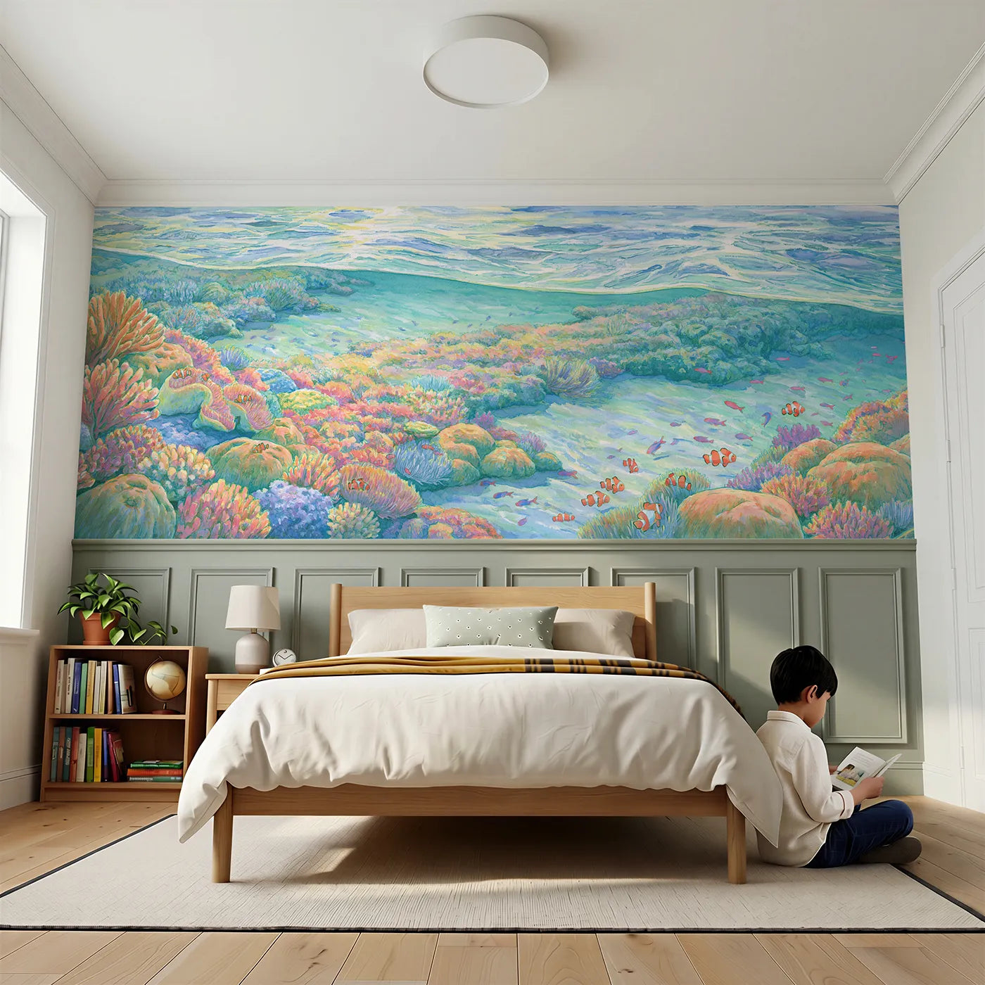 Child reading near Turquoise Reef Shallows Wainscoting Wallpaper by Whimsy Tots