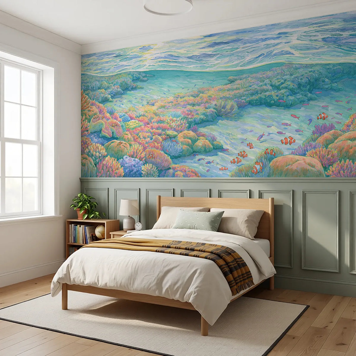Turquoise Reef Shallows Wainscoting Wallpaper styled in a kids room by Whimsy Tots