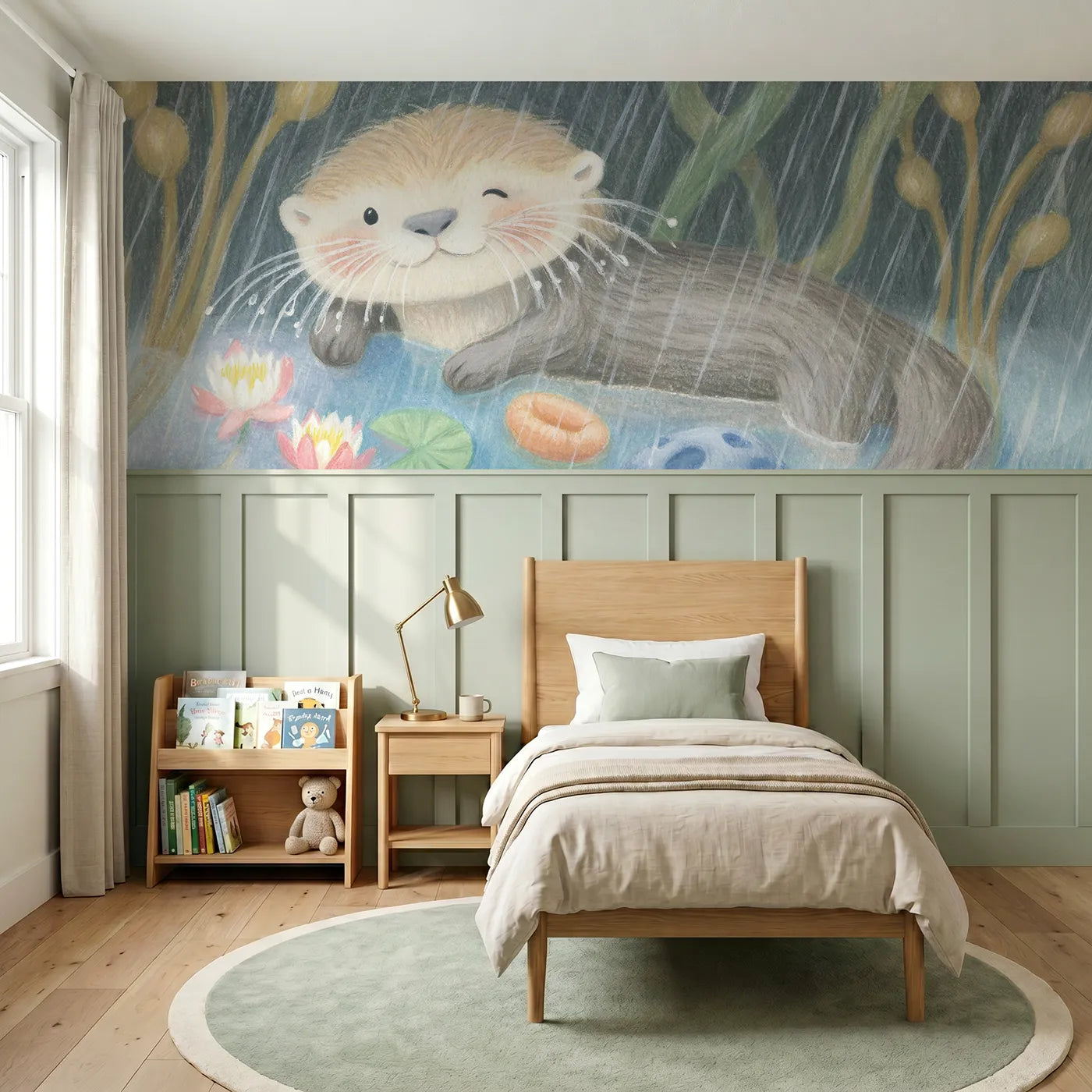Colored pencil wainscoting wallpaper of an otter pup with rainy whiskers by Whimsy Tots