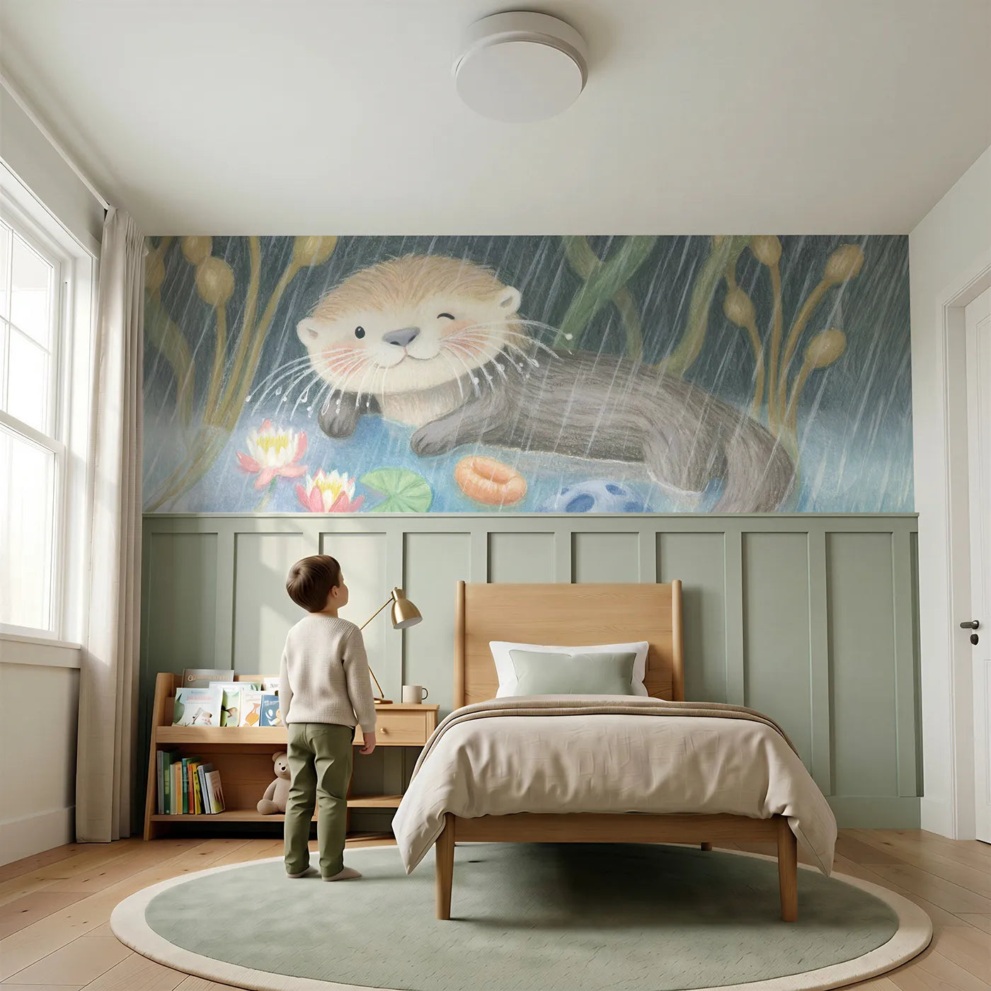 Child reading near Otter Pup Rain Whiskers Wainscoting Wallpaper by Whimsy Tots
