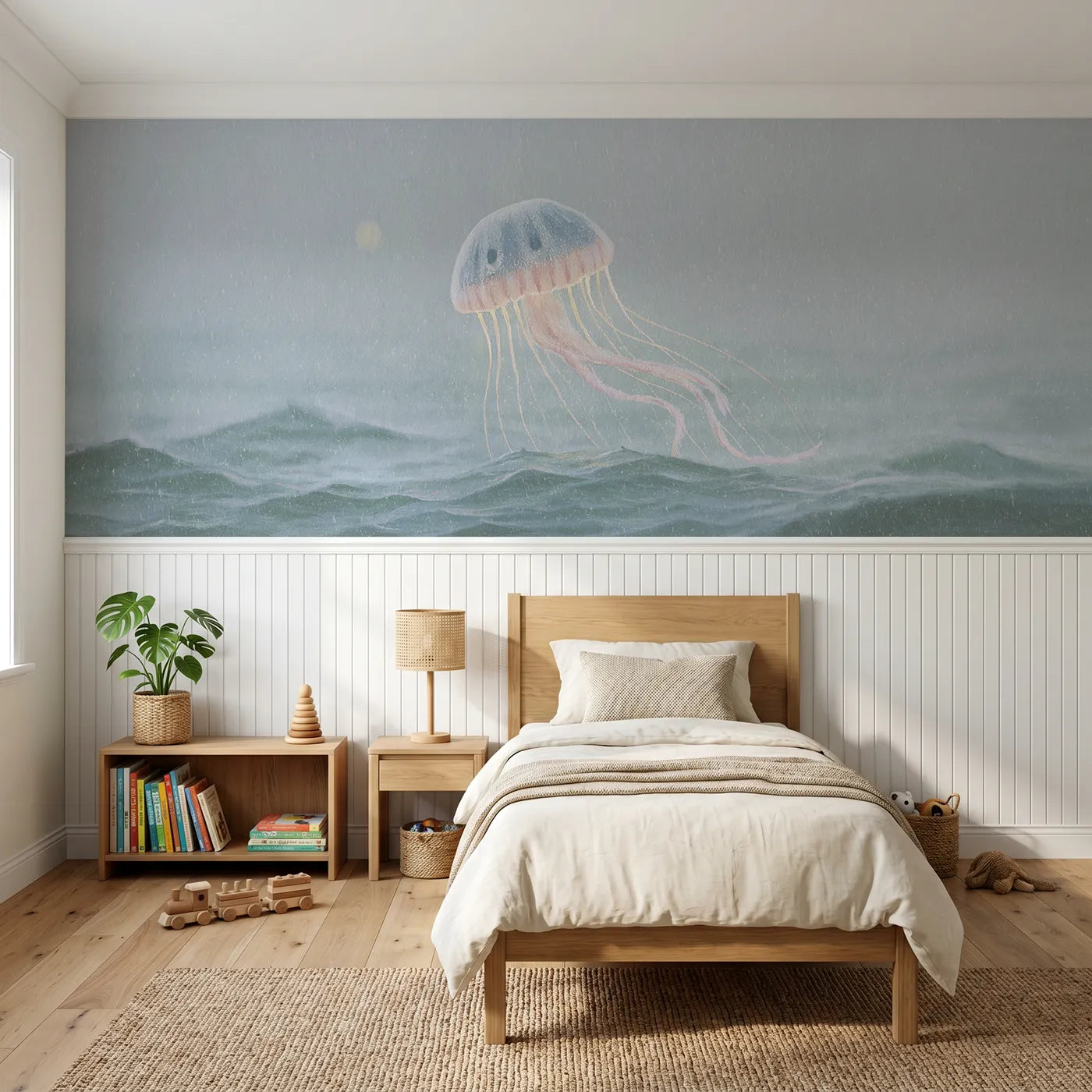 Colored pencil wainscoting mural of a jellyfish dancing at dusk by Whimsy Tots