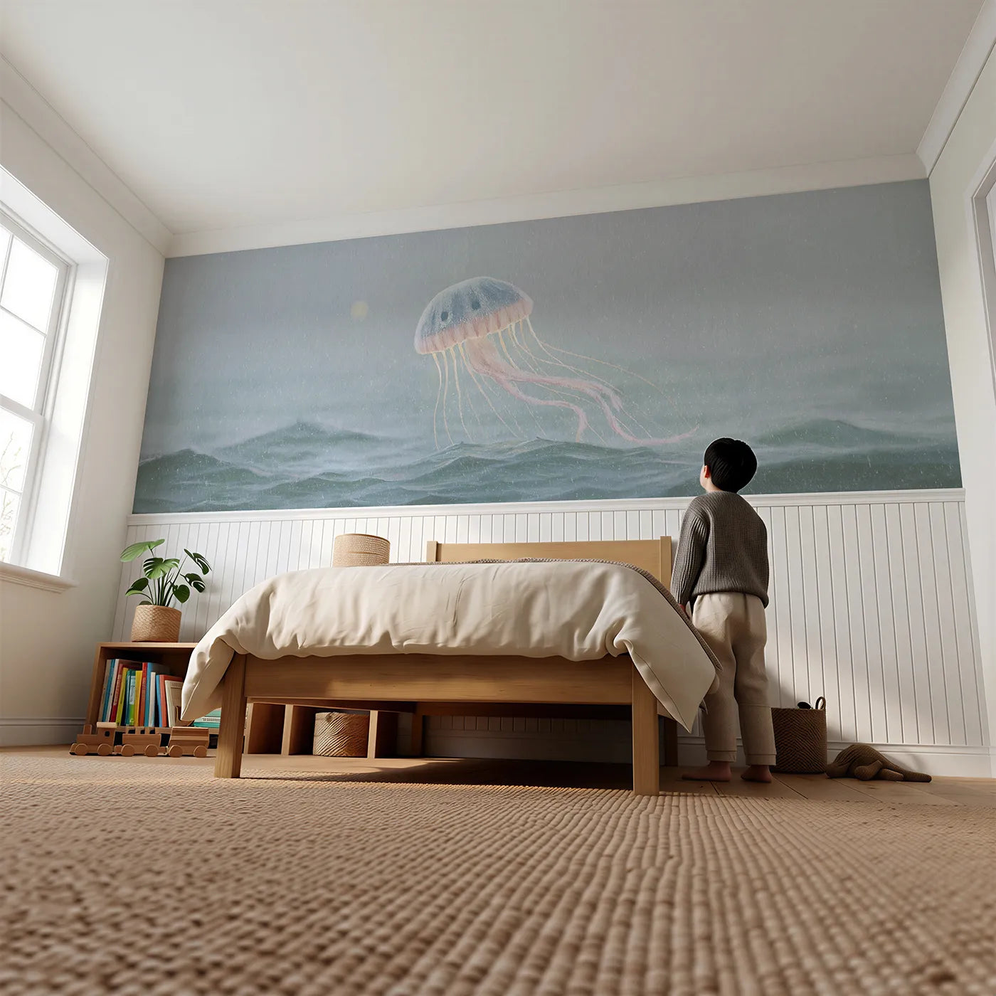 Child reading near Jellyfish Dusk Slow Dance Wainscoting Wallpaper by Whimsy Tots