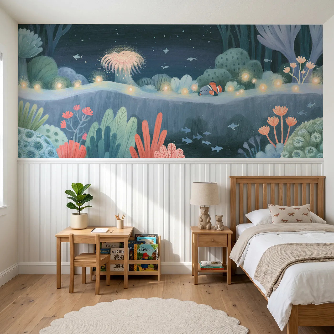 Colored pencil wainscoting wallpaper of a glowing night reef at rest by Whimsy Tots