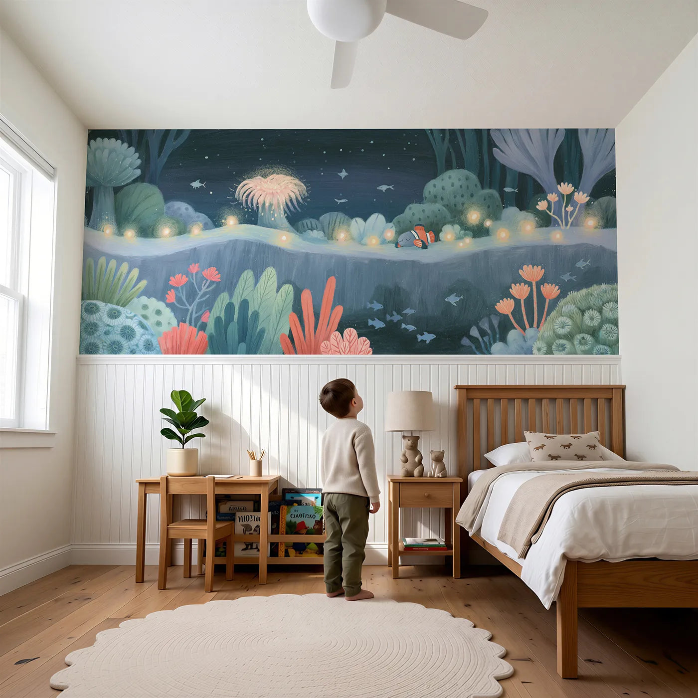 Child reading near Mixed Night Reef Glow Wainscoting Wallpaper by Whimsy Tots