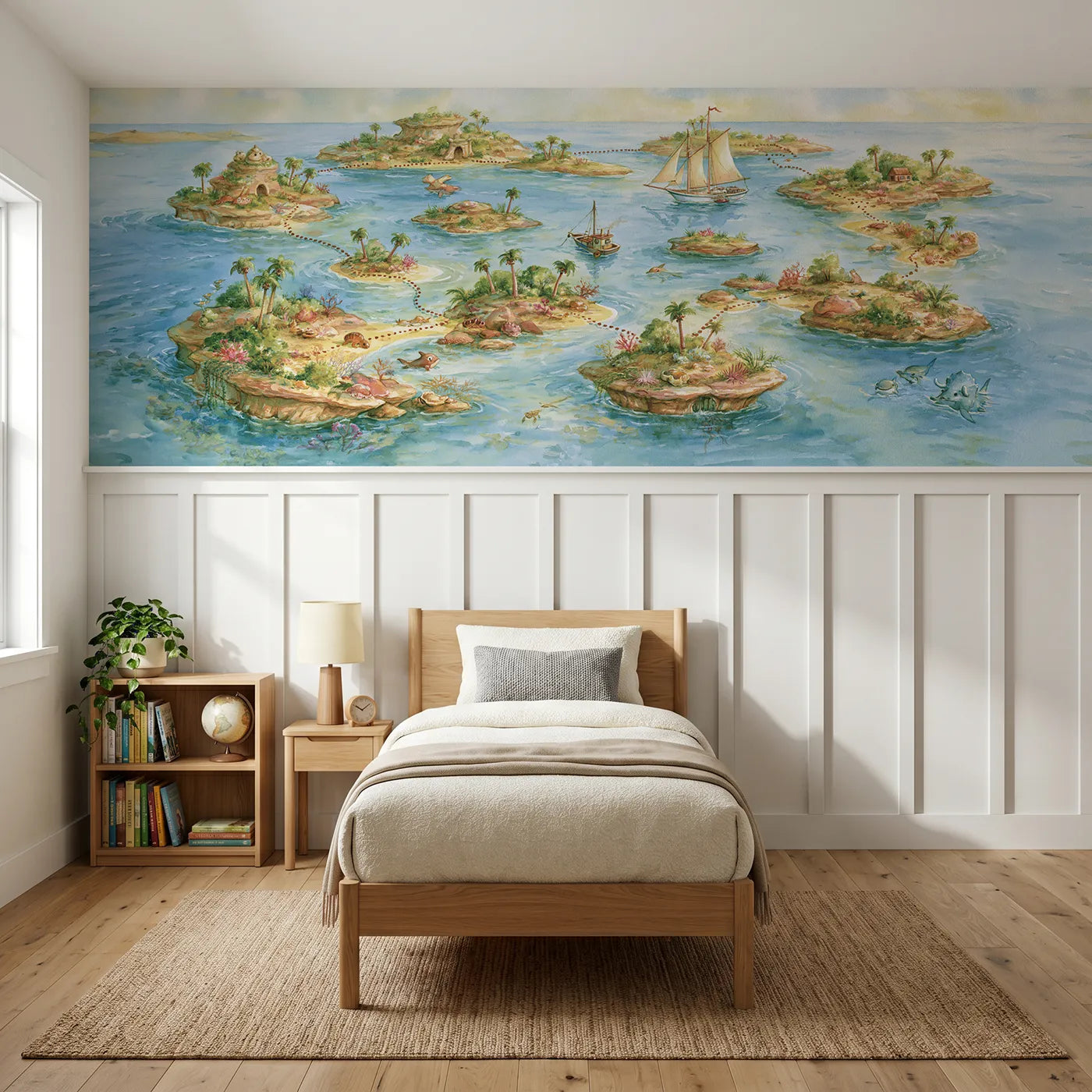 Storybook wainscoting wallpaper of an island hopping adventure map by Whimsy Tots