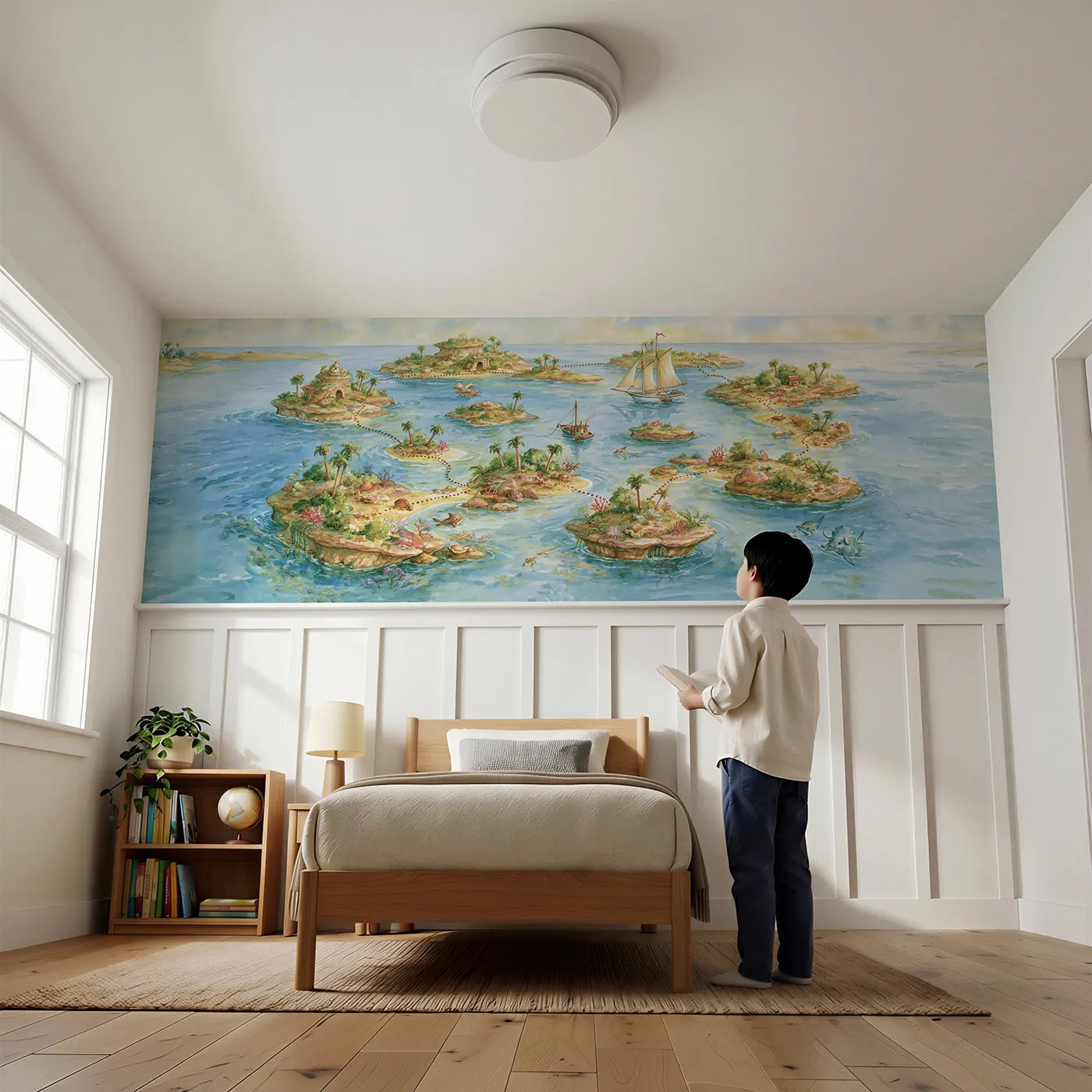 Child reading near Island Hopping Adventure Map Wainscoting Wallpaper by Whimsy Tots