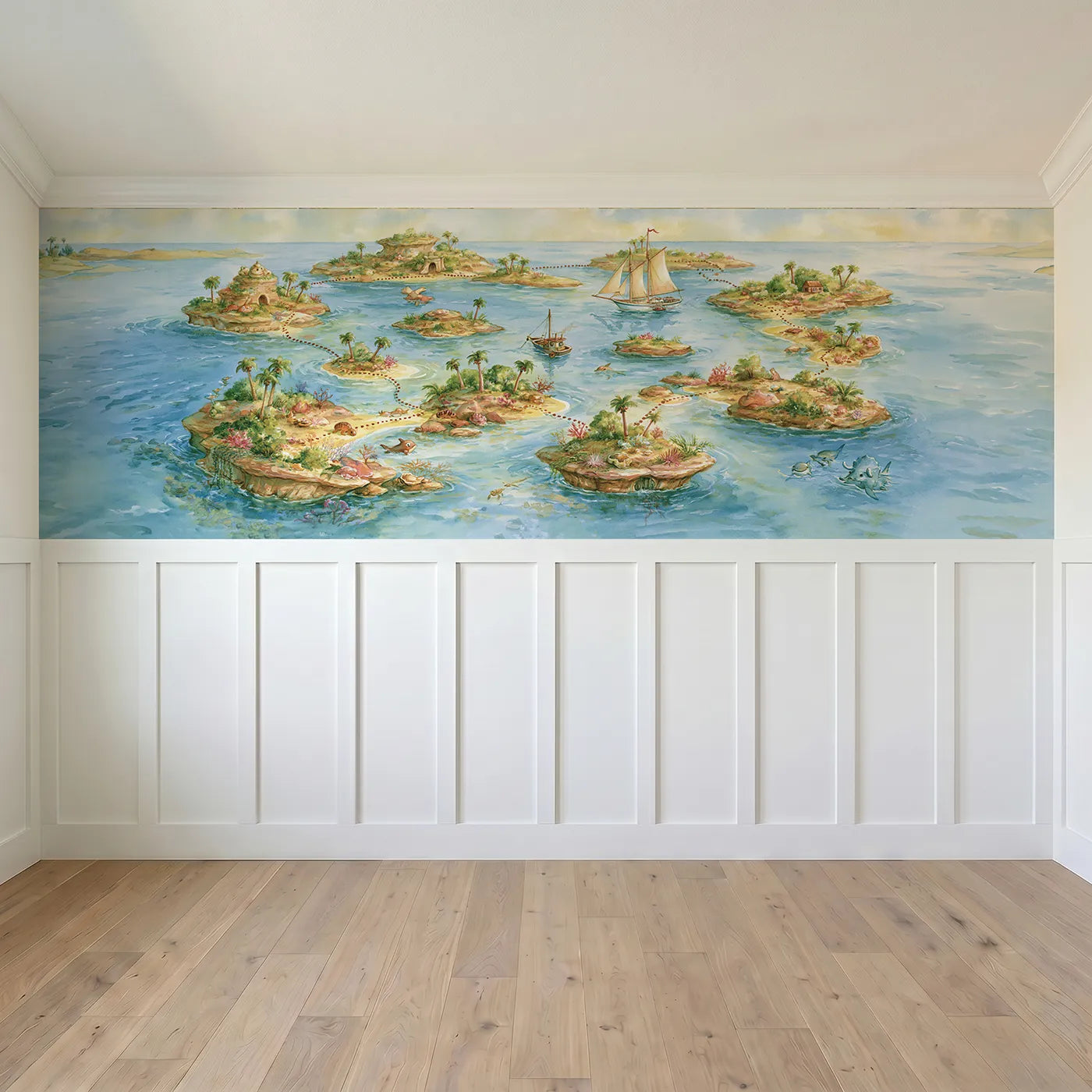 Full panel view of Island Hopping Adventure Map Wainscoting Wallpaper by Whimsy Tots