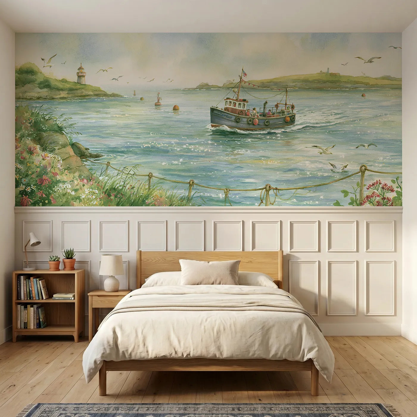 Storybook wainscoting wallpaper of a little ferry crossing a strait by Whimsy Tots