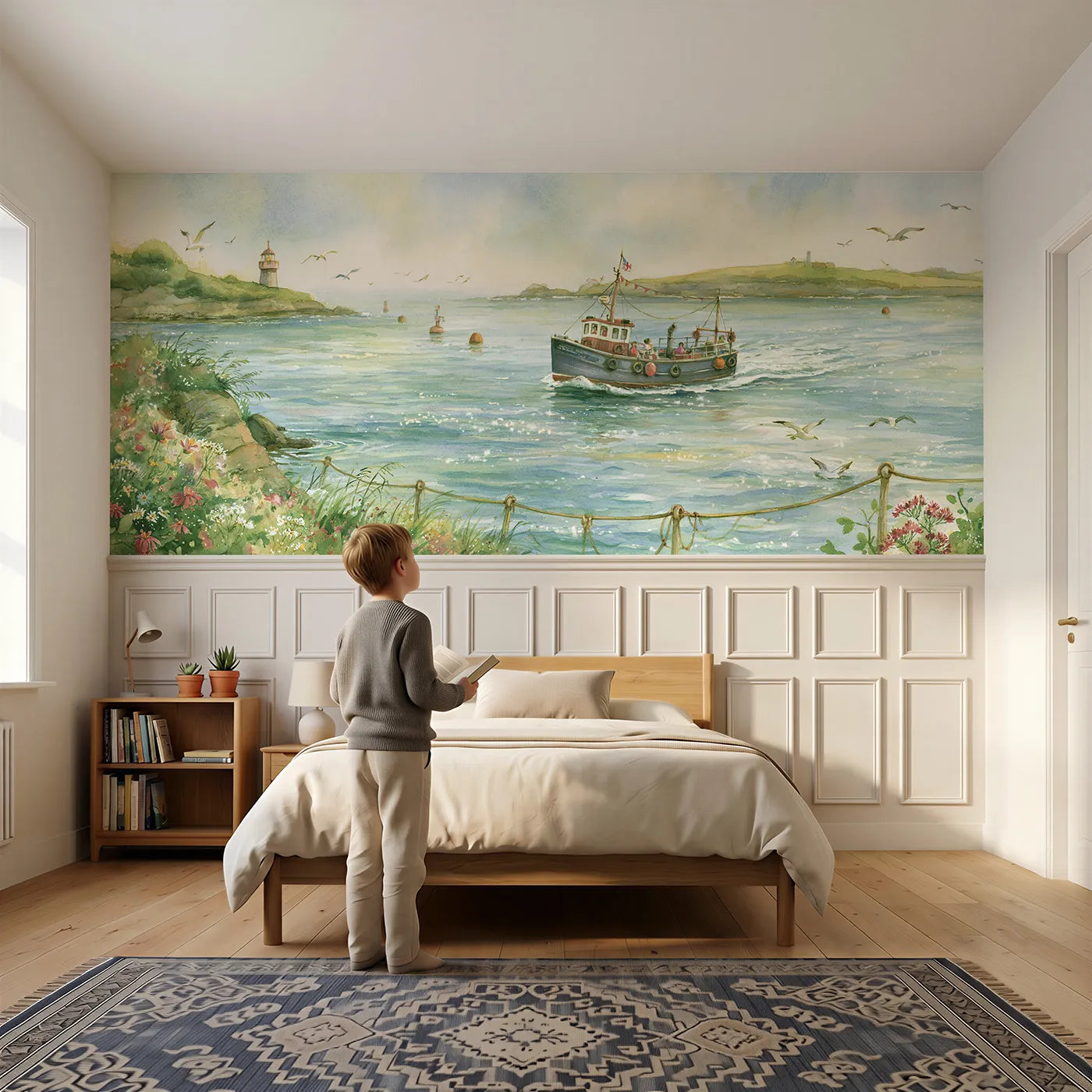 Child reading near The Little Ferry Crossing Wainscoting Wallpaper by Whimsy Tots