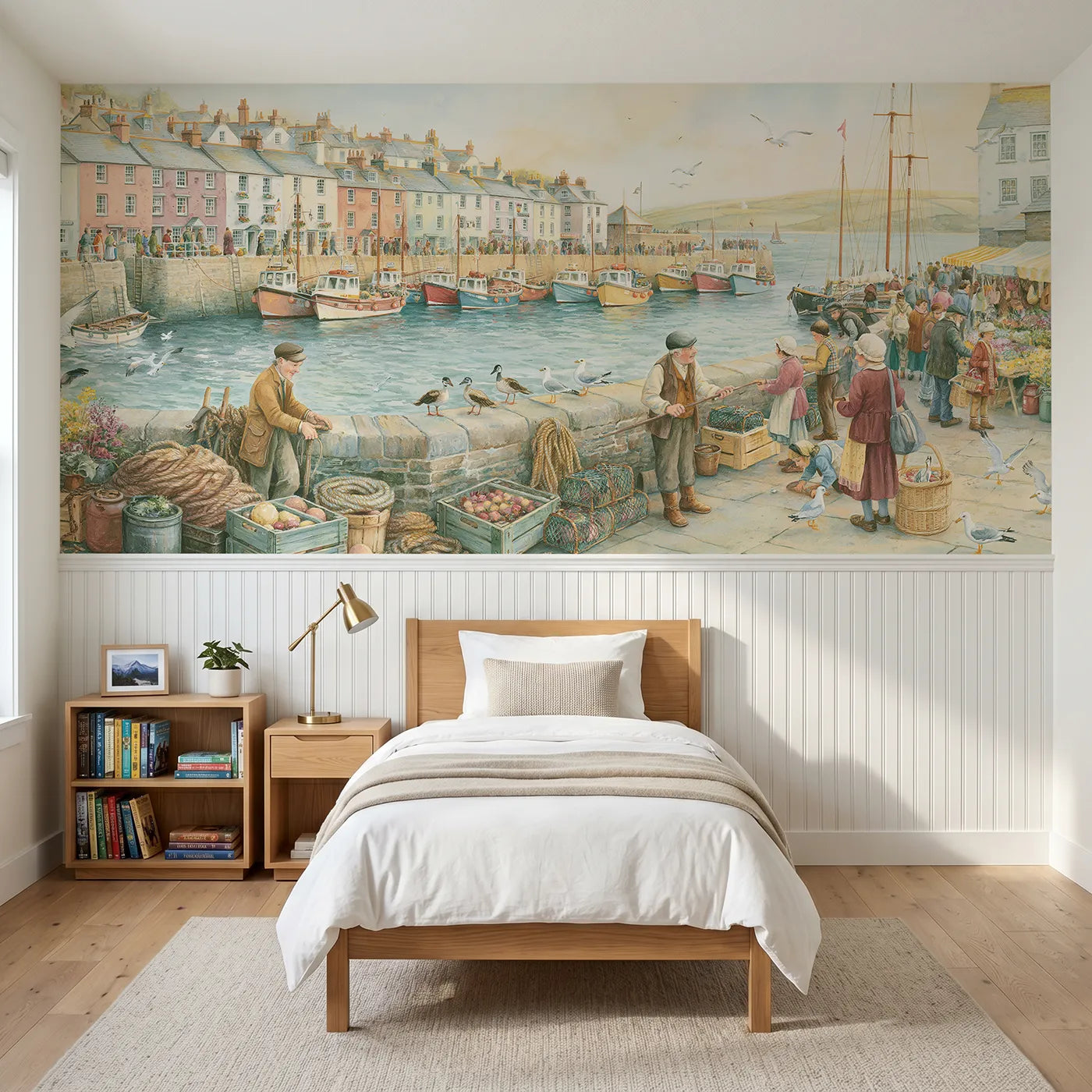 Storybook wainscoting wallpaper of a busy little morning harbor by Whimsy Tots