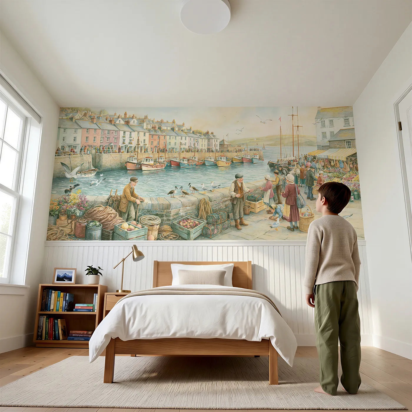Child reading near Busy Little Harbor Wainscoting Wallpaper by Whimsy Tots