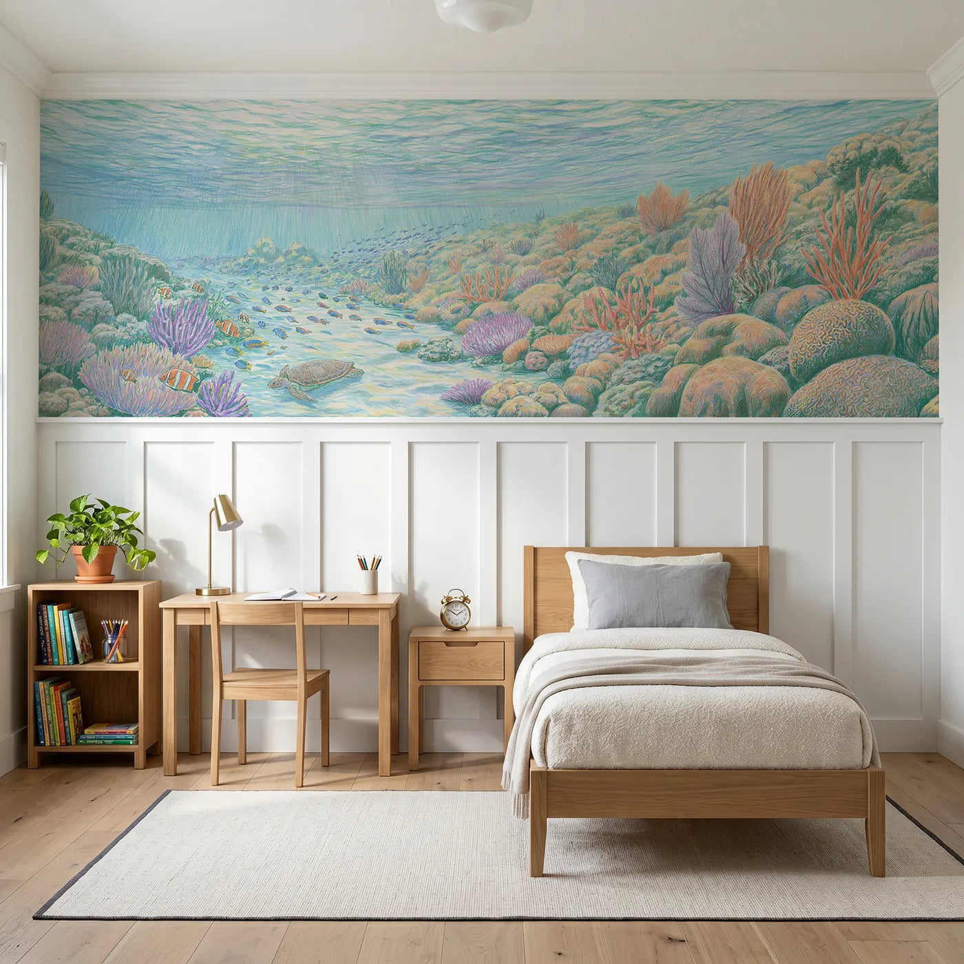 Colored pencil wainscoting wallpaper of a busy bright coral lagoon by Whimsy Tots