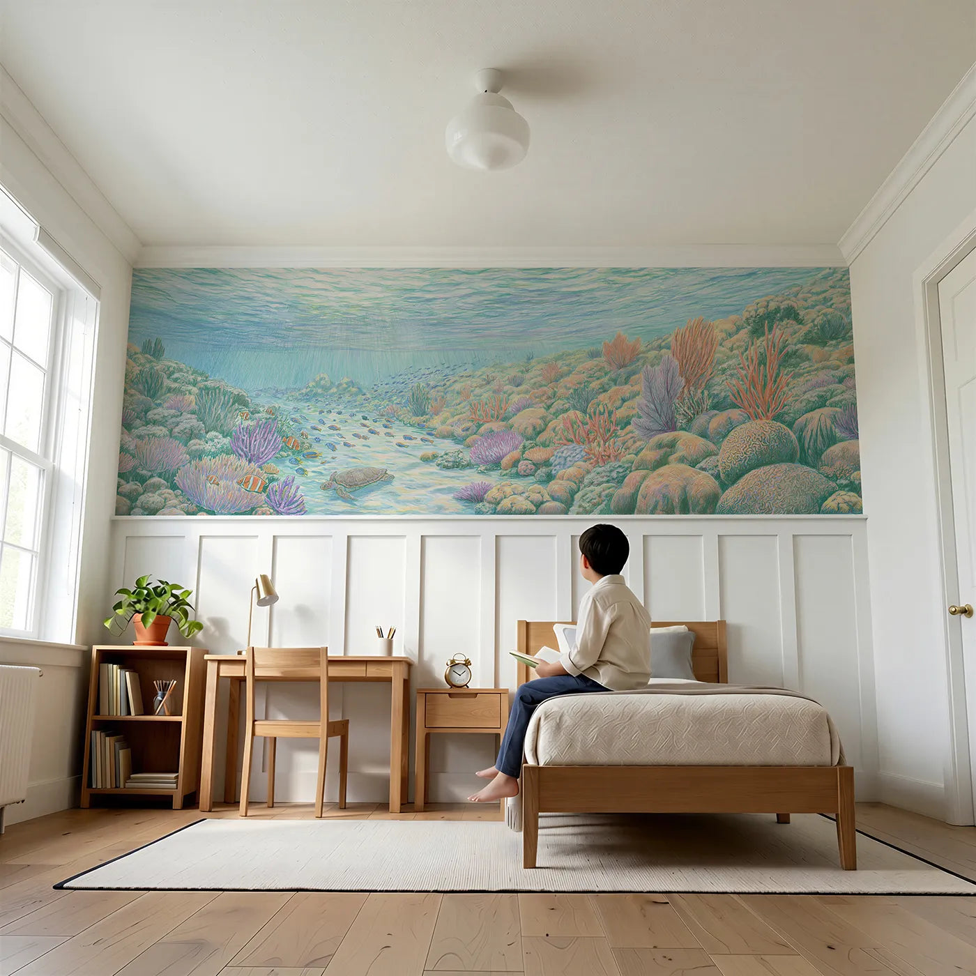 Child reading near Coral Lagoon Reef Wainscoting Wallpaper by Whimsy Tots