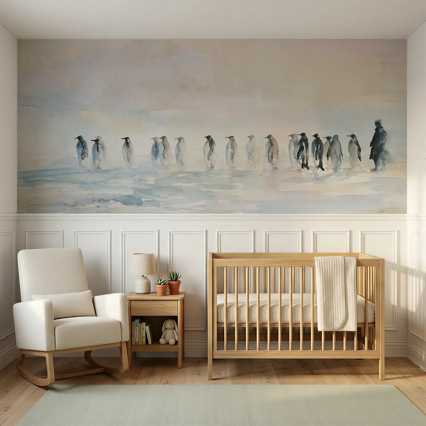 Watercolor wainscoting wallpaper of penguins gazing into sea mist by Whimsy Tots