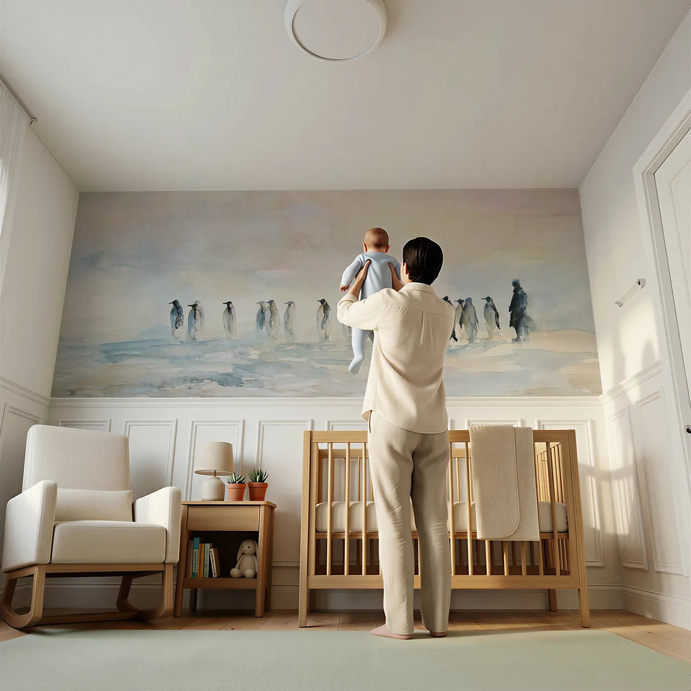 Child reading near Penguins Misty Shore Gaze Wainscoting Wallpaper by Whimsy Tots