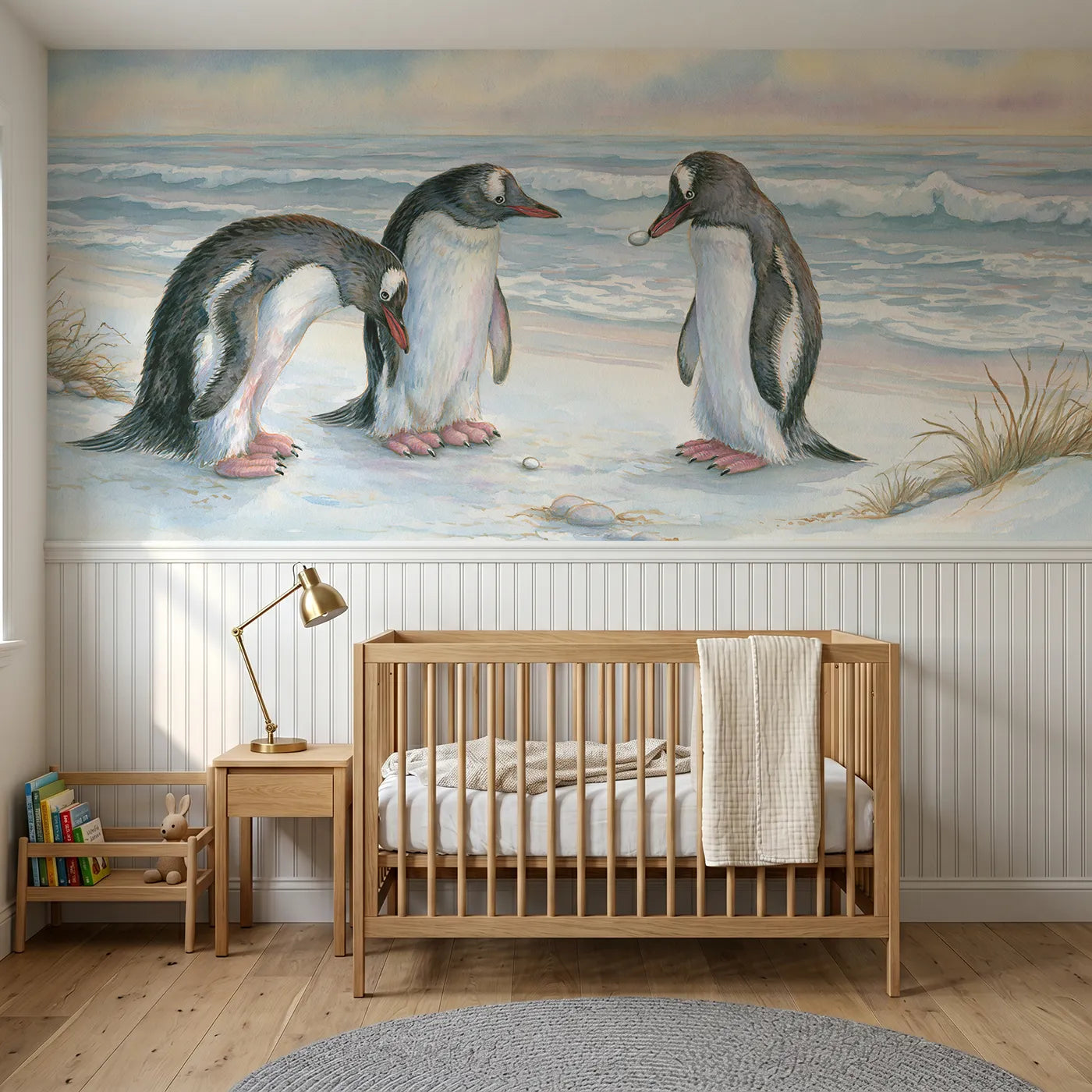 Storybook wainscoting wallpaper of a penguin offering a pebble gift by Whimsy Tots