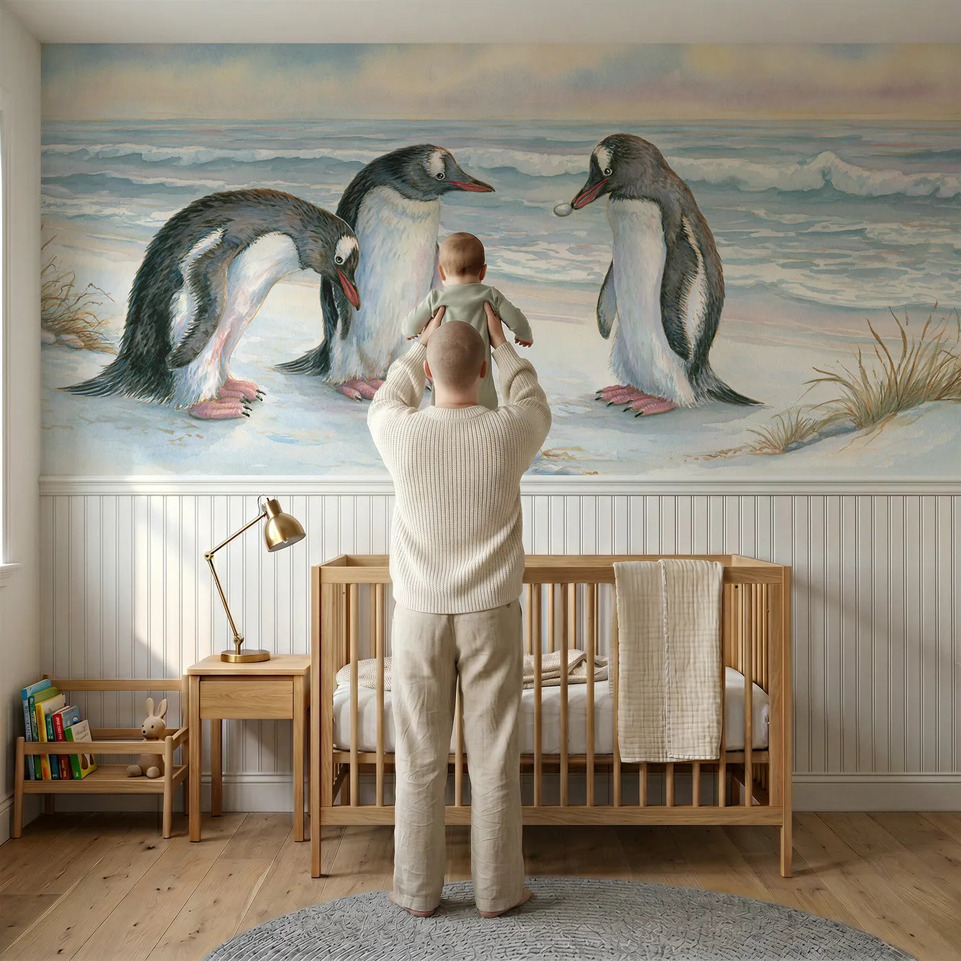 Child reading near Penguin Pebble Gift Wainscoting Wallpaper by Whimsy Tots