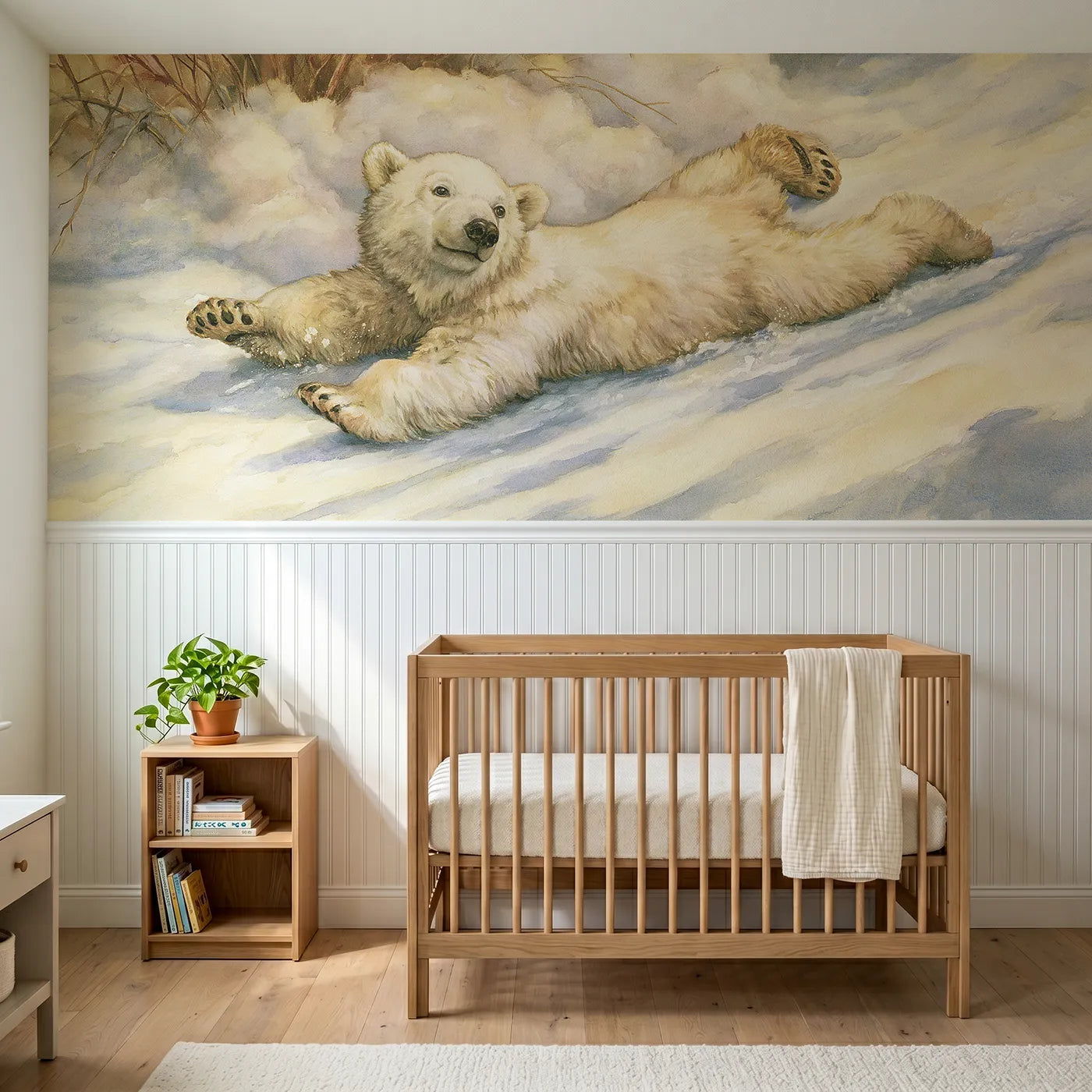 Storybook wainscoting wallpaper of a polar bear cub sliding on snow by Whimsy Tots