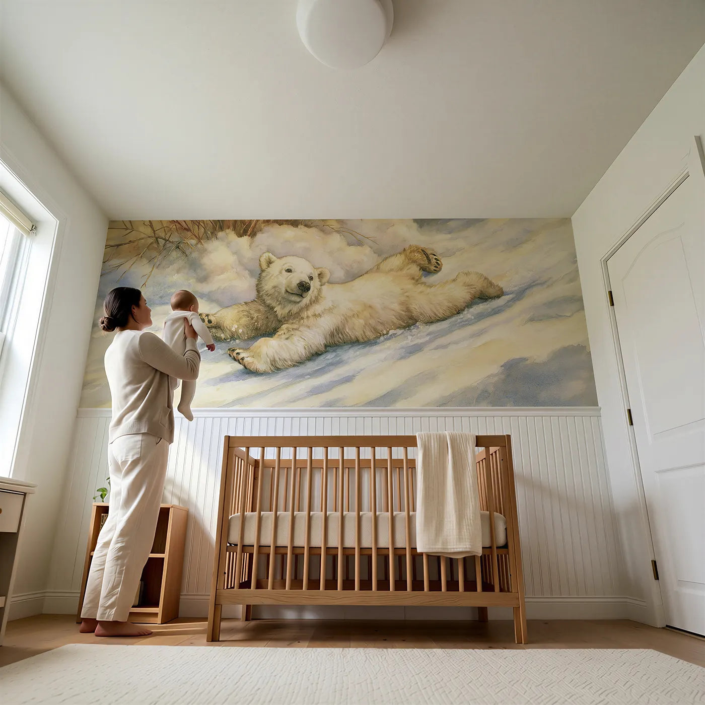 Child reading near Polar Bear Cub First Slide Wainscoting Wallpaper by Whimsy Tots