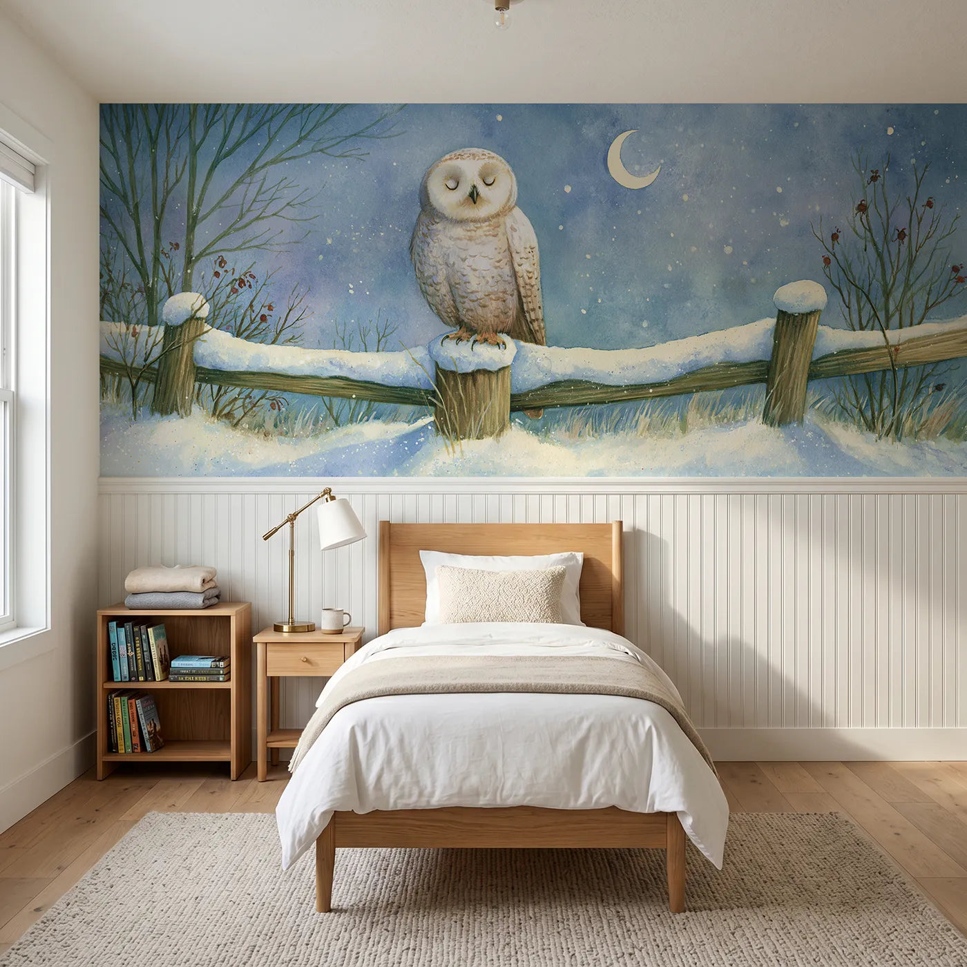 Storybook wainscoting wallpaper of a snowy owl on a moonlit post by Whimsy Tots