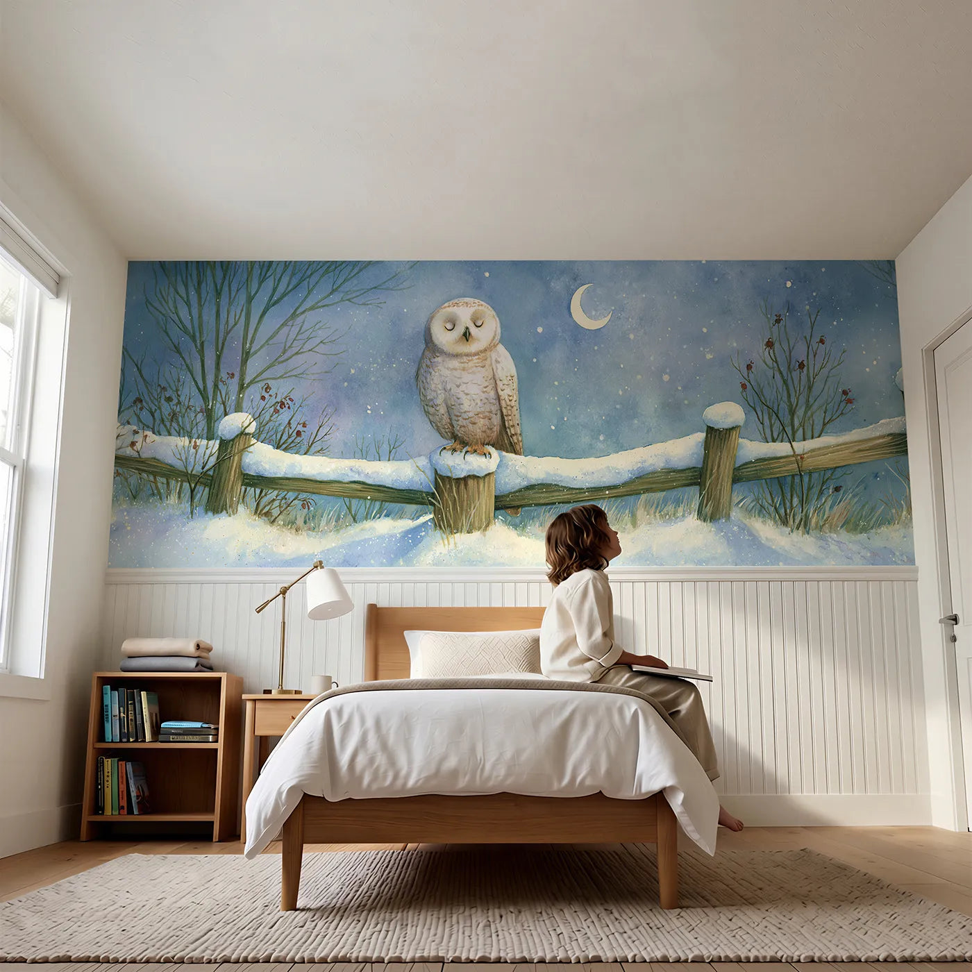Child reading near Snowy Owl Moonlit Post Wainscoting Wallpaper by Whimsy Tots