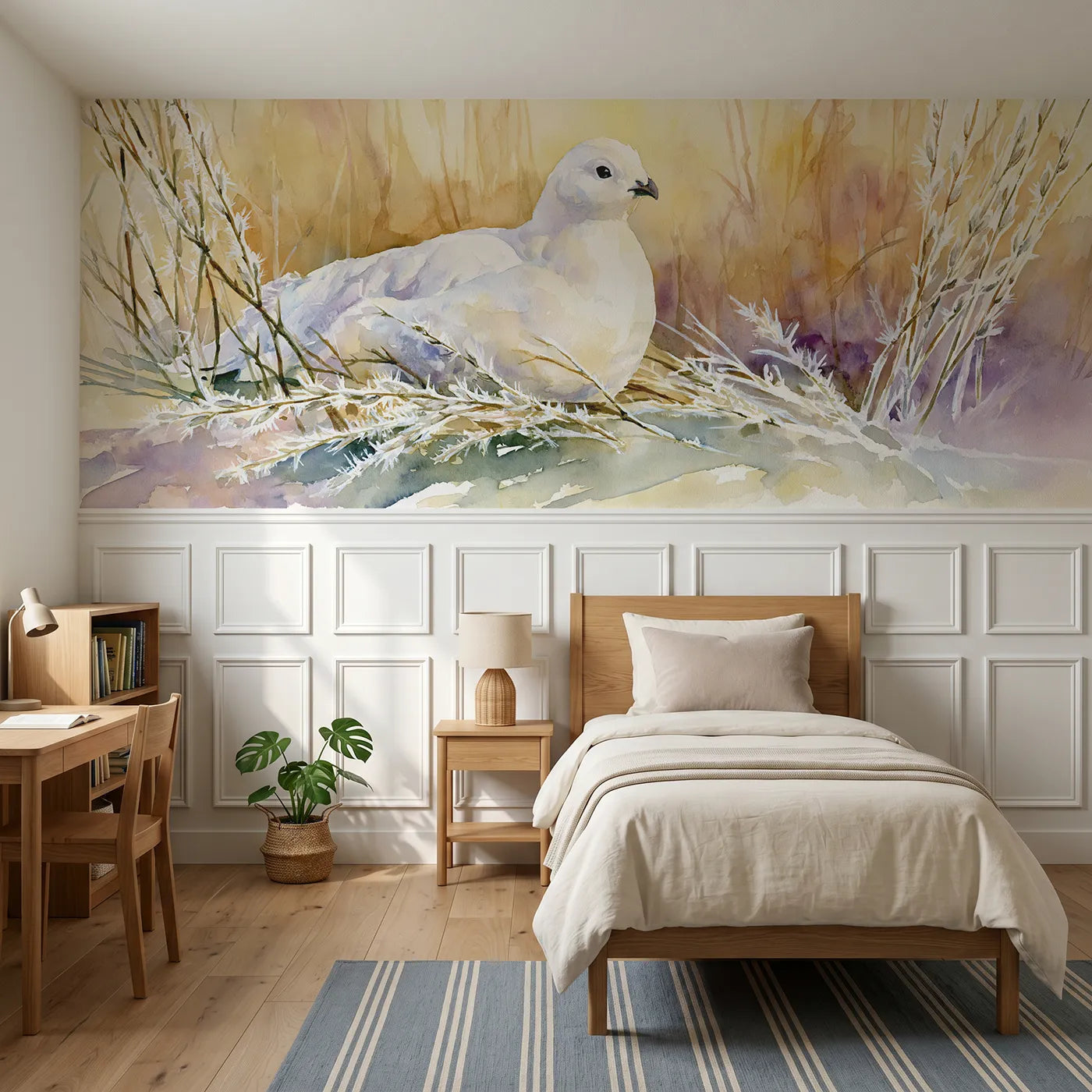 Watercolor wainscoting wallpaper of a ptarmigan in frosted willow twigs by Whimsy Tots