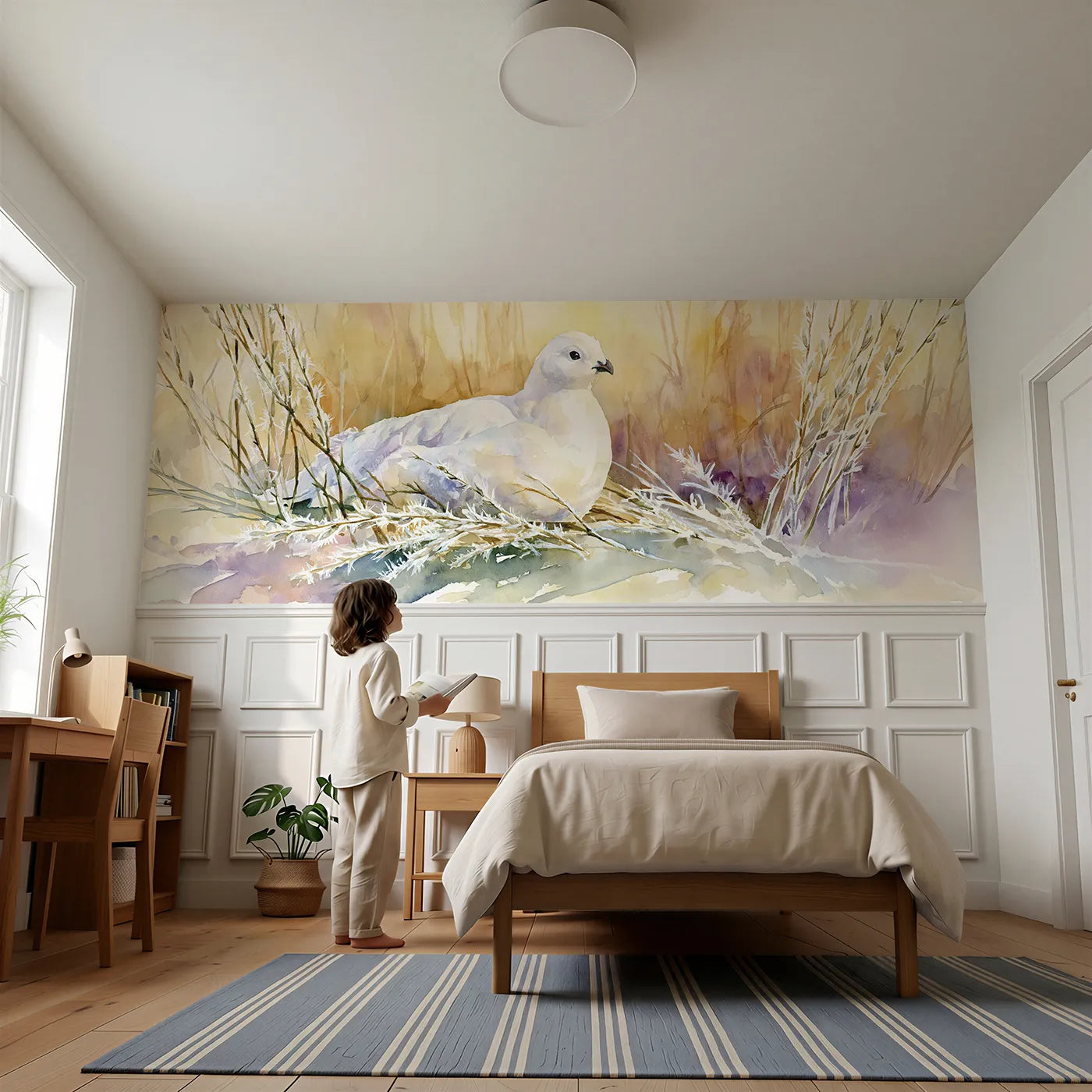 Child reading near Frost Willow Ptarmigan Detail Wainscoting Wallpaper by Whimsy Tots