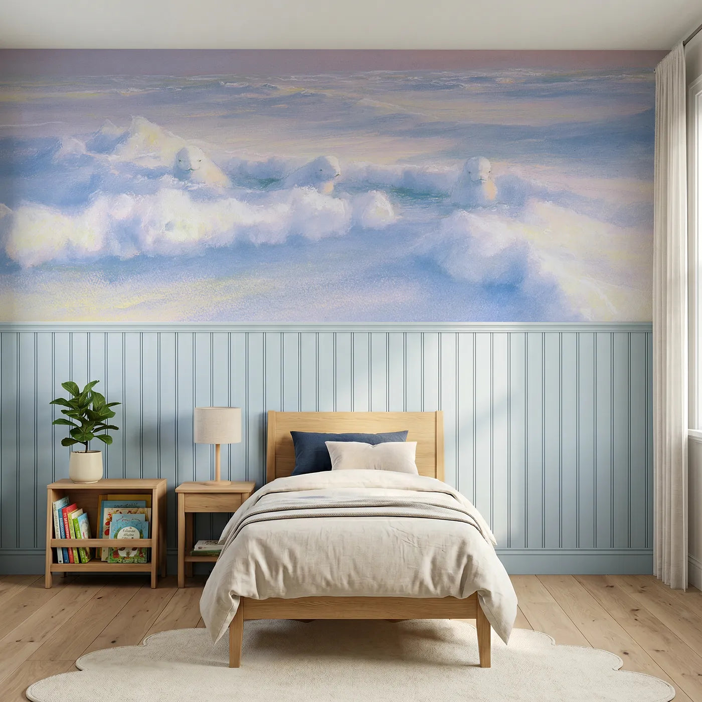 Soft pastel wainscoting wallpaper of belugas at an ice breathing hole by Whimsy Tots