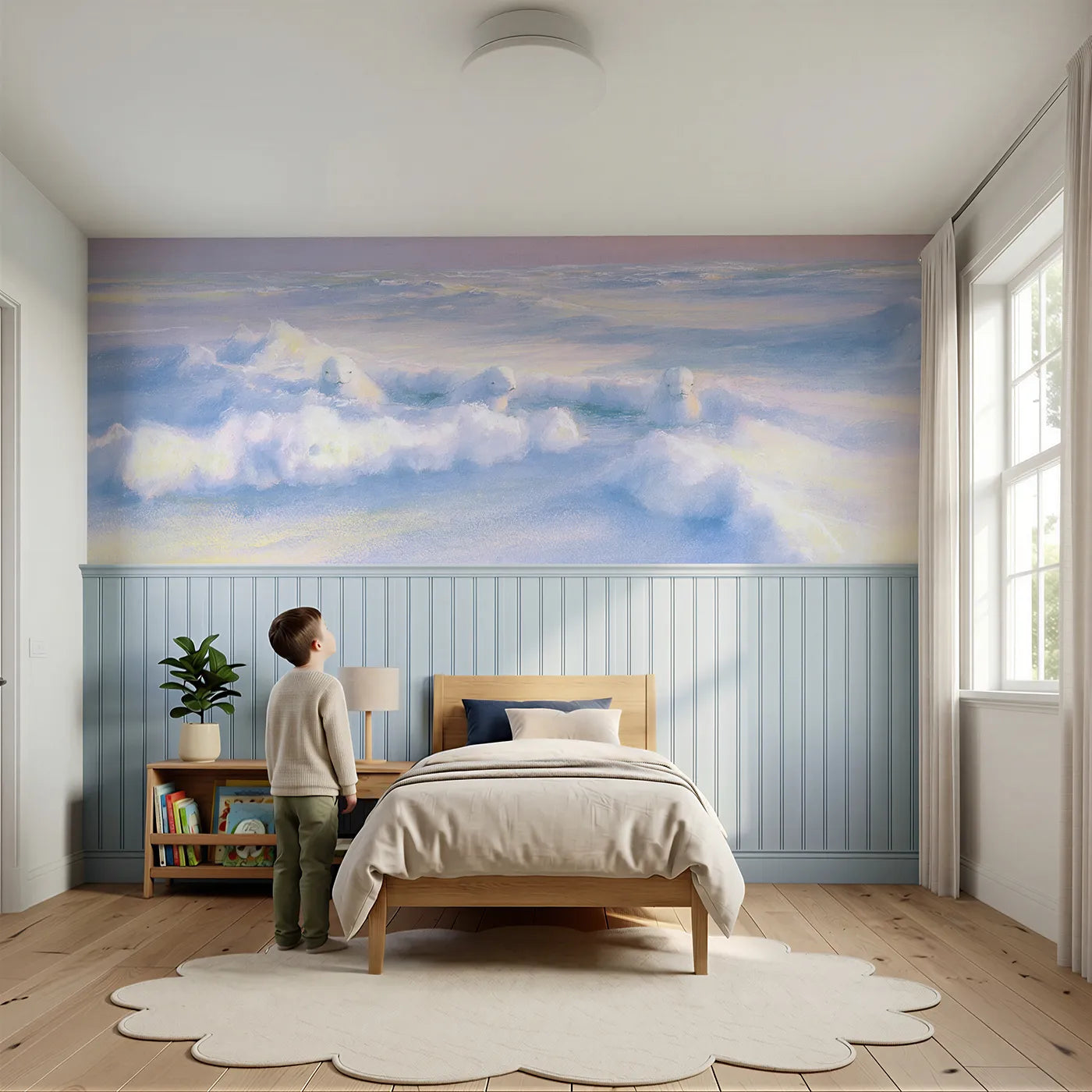 Child reading near Beluga Pod Breathing Hole Wainscoting Wallpaper by Whimsy Tots