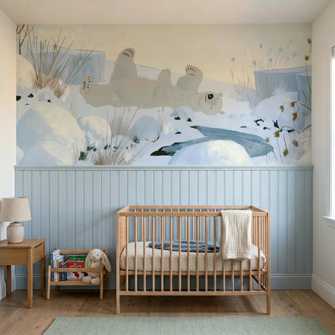 Modern illustration wainscoting wallpaper of a polar bear rolling in snow by Whimsy Tots