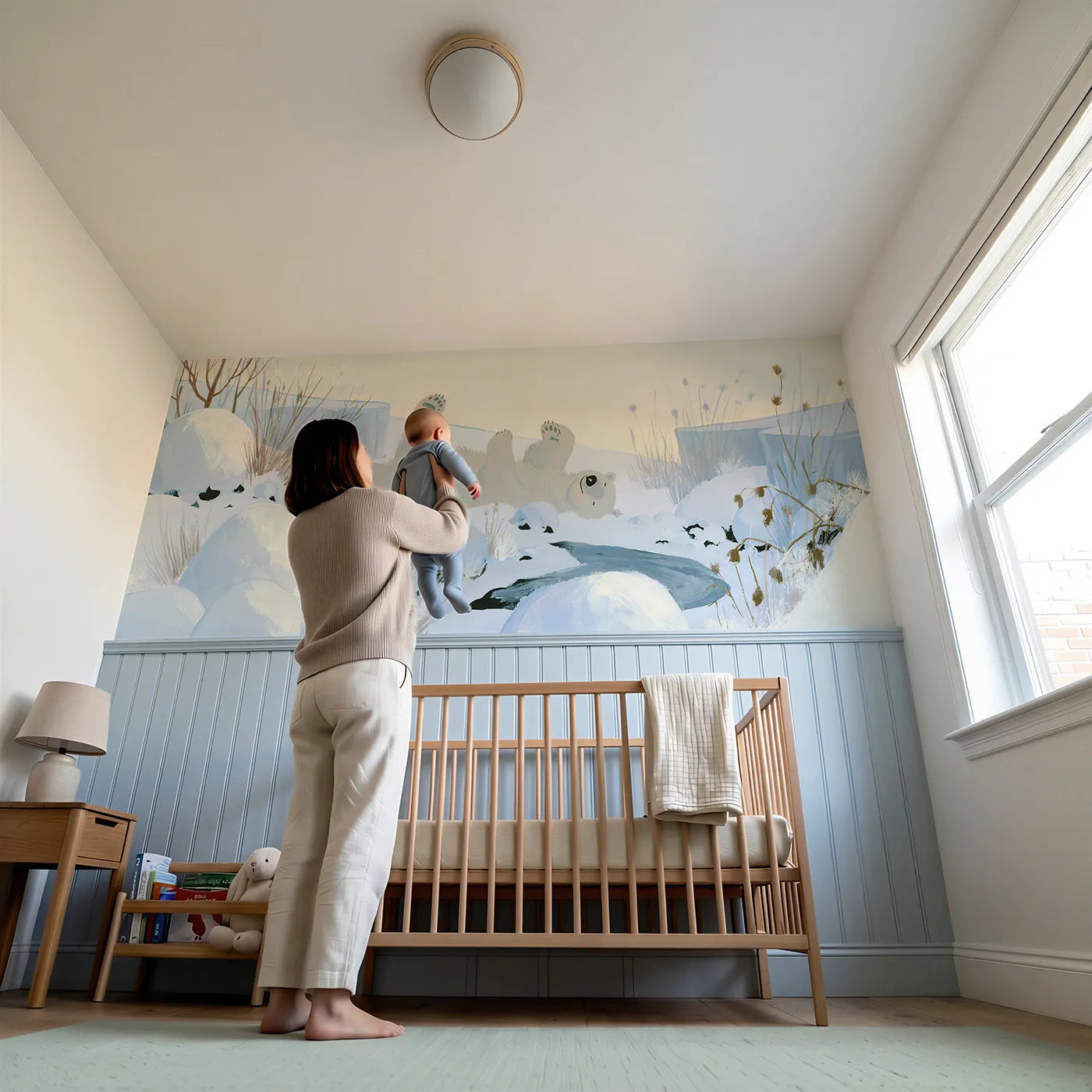 Child reading near Painted Polar Bear Snow Roll Wainscoting Wallpaper by Whimsy Tots