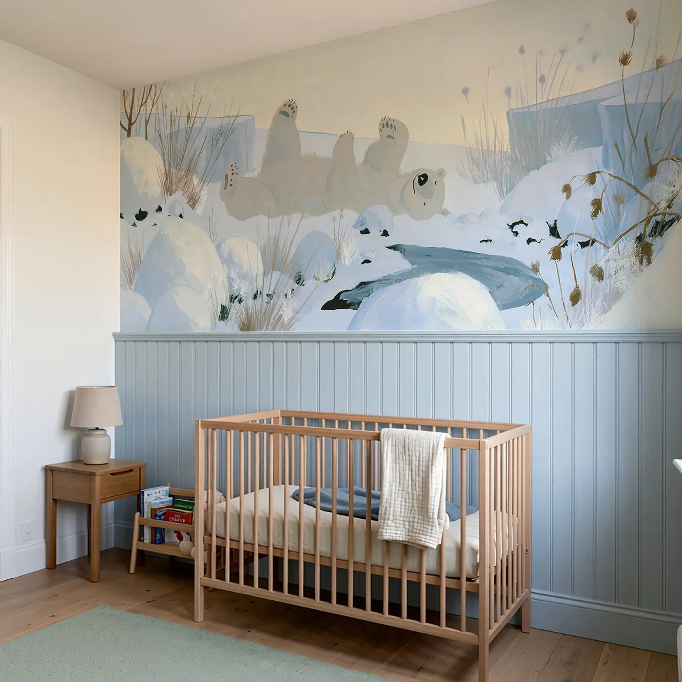 Painted Polar Bear Snow Roll Wainscoting Wallpaper styled in a kids room by Whimsy Tots