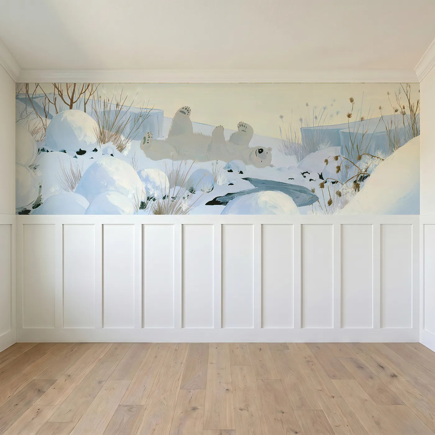 Full panel view of Painted Polar Bear Snow Roll Wainscoting Wallpaper by Whimsy Tots
